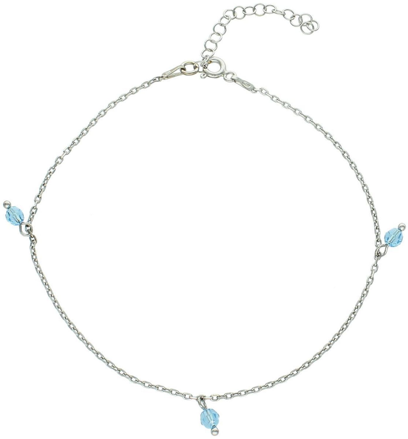 Srebrna bransoletka na nogę z trzema niebieskimi kryształkami. Długość 21 + 5 cm, waga 2,00 g. Zapięcie na karabińczyk. Idealna na lato i wakacje.1.jpg