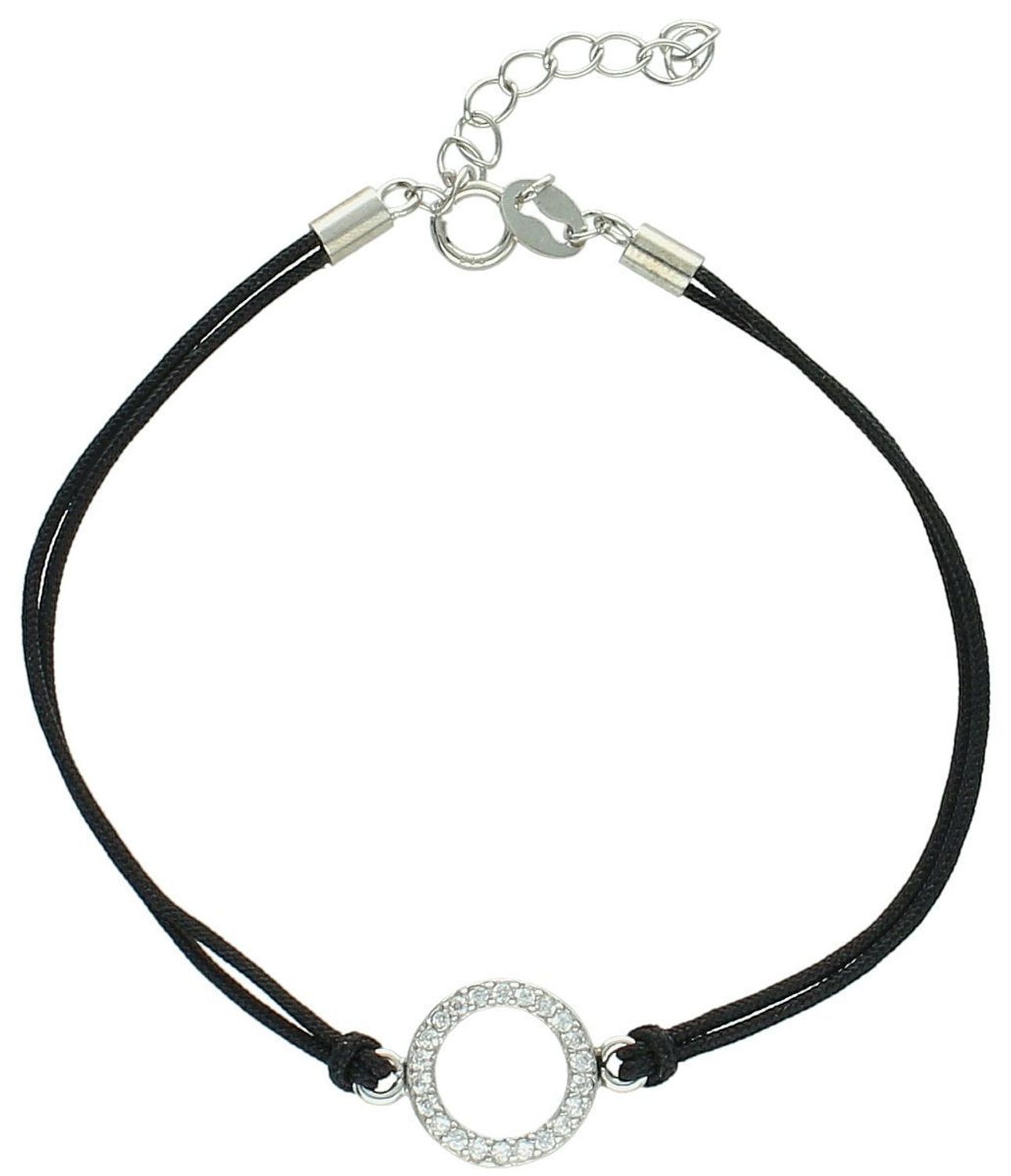 Delikatna bransoletka damska ze srebra 925 z czarnym sznureczkiem i okrągłą zawieszką z cyrkonią (1 cm). Długość 16 cm + 3 cm, zapięcie ściągane. Model DIA-BRA-10830-925 – lekka i 1.jpg