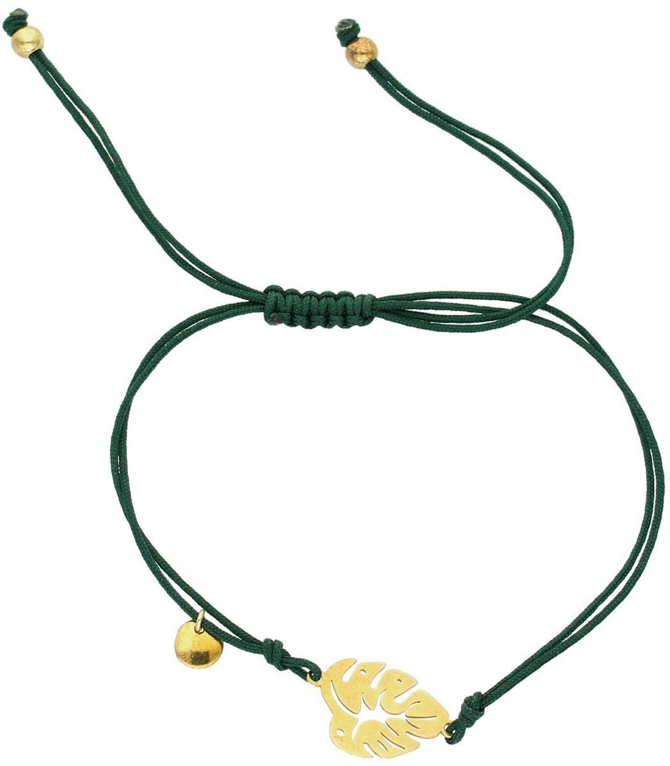Pozłacana bransoletka srebrna 925 na zielonym sznurku z zawieszką w kształcie liścia. Regulowana długość, waga 1,30 g. Stylowy i symboliczny dodatek1.jpg