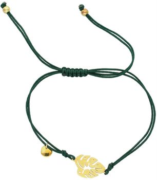 Pozłacana bransoletka srebrna 925 na zielonym sznurku z zawieszką w kształcie liścia. Regulowana długość, waga 1,30 g. Stylowy i symboliczny dodatek1.jpg
