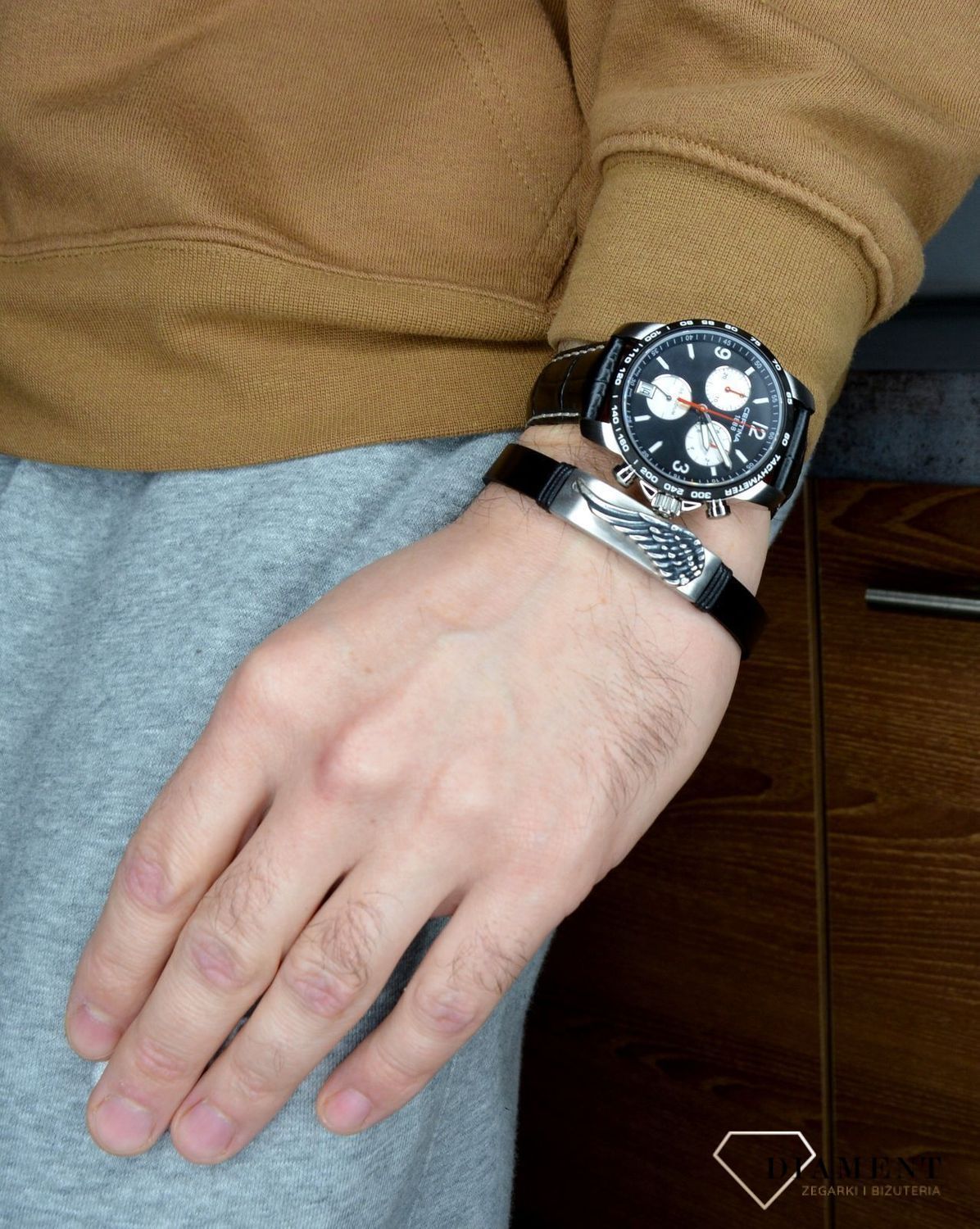 Bransoletka męska skórzana 'Skrzydło Anioła z blaszką do graweru' DIA-BRA-11038BL-STAL.jpg