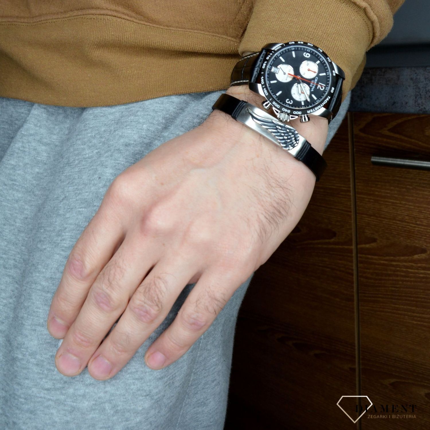 Bransoletka męska skórzana 'Skrzydło Anioła z blaszką do graweru' DIA-BRA-11038BL-STAL.jpg