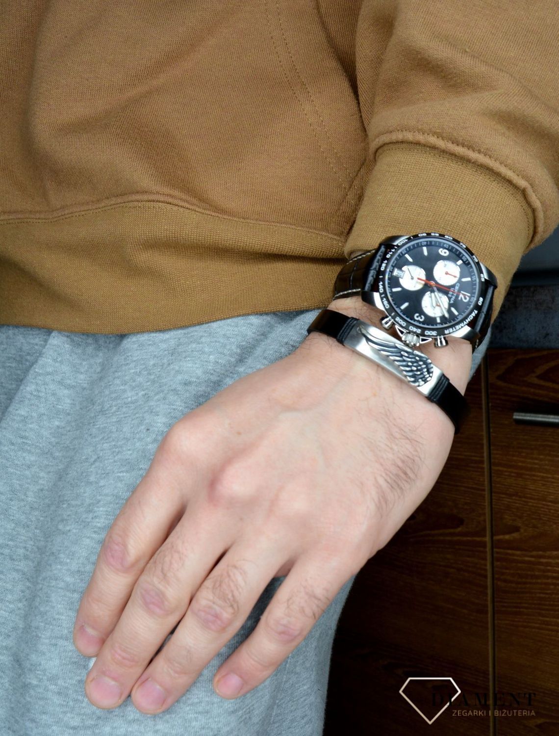 Bransoletka męska skórzana 'Skrzydło Anioła z blaszką do graweru' DIA-BRA-11038BL-STAL.jpg