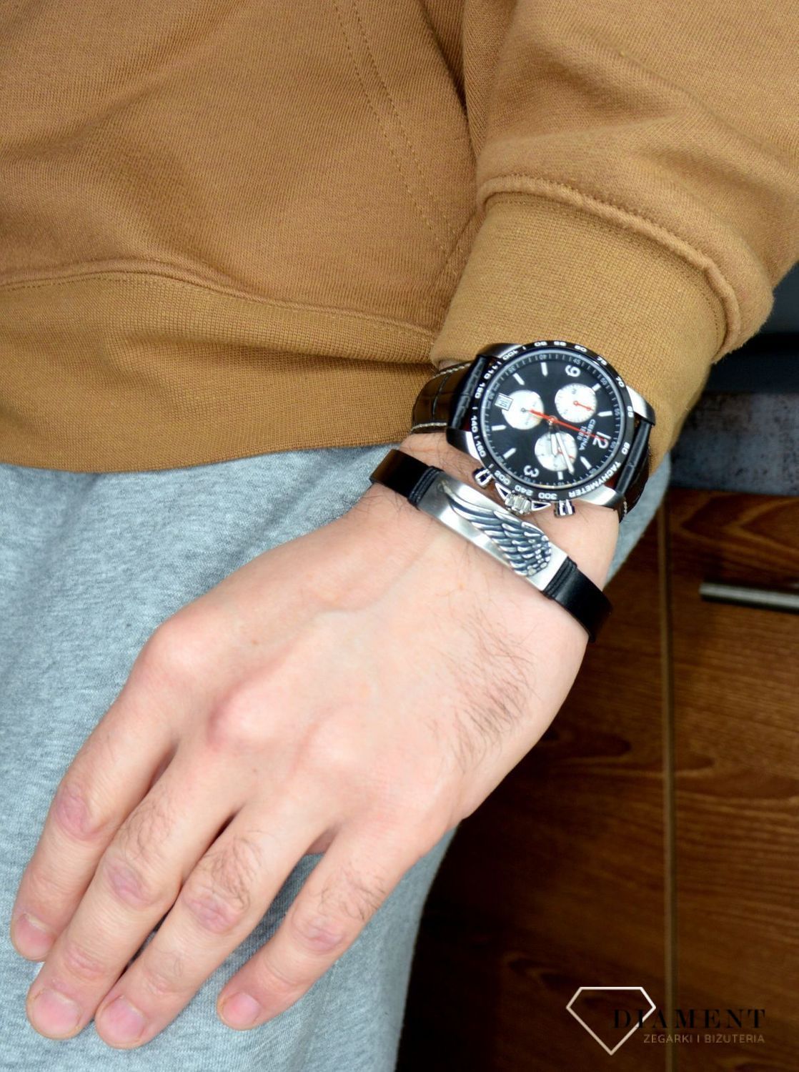 Bransoletka męska skórzana 'Skrzydło Anioła z blaszką do graweru' DIA-BRA-11038BL-STAL.jpg