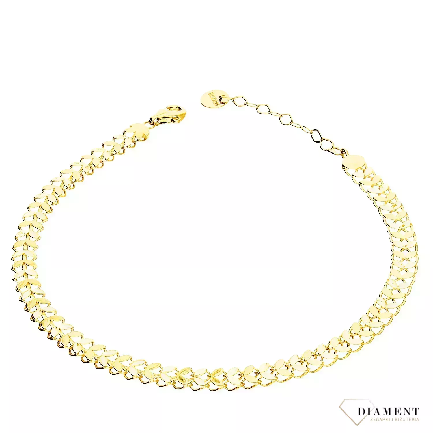 Złota bransoletka damska 375 Płaska złota taśma, wzór kłosa DIA-BRA-11183-375  Bransoletka damska wykonana z żółtego złota próby 375. Damska bransoletka o płaskiej formie. Złota biżuteria idealna na prezent. (2).webp