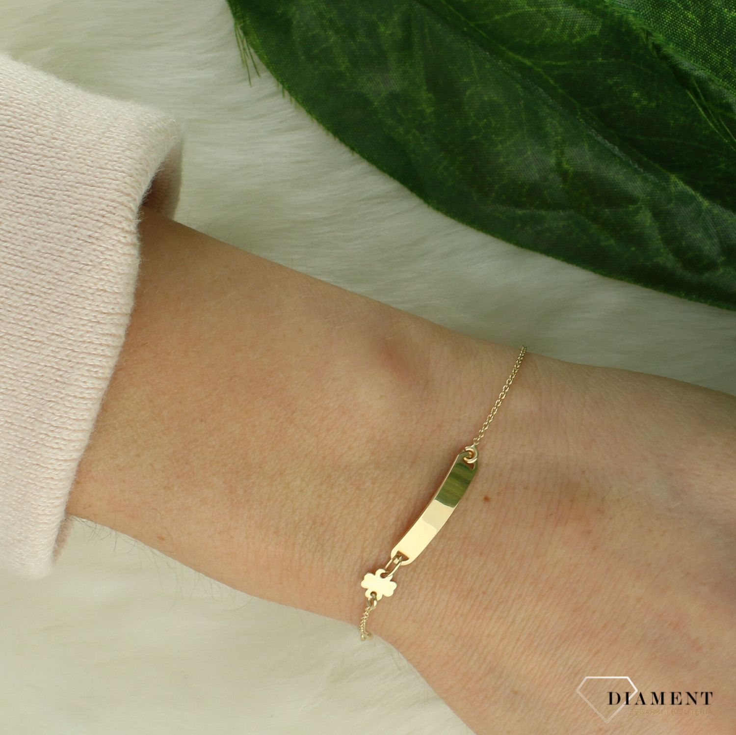 Bransoletka dziecięca złota 585 Blaszka i koniczynka DIA-BRA-11207-585.jpg