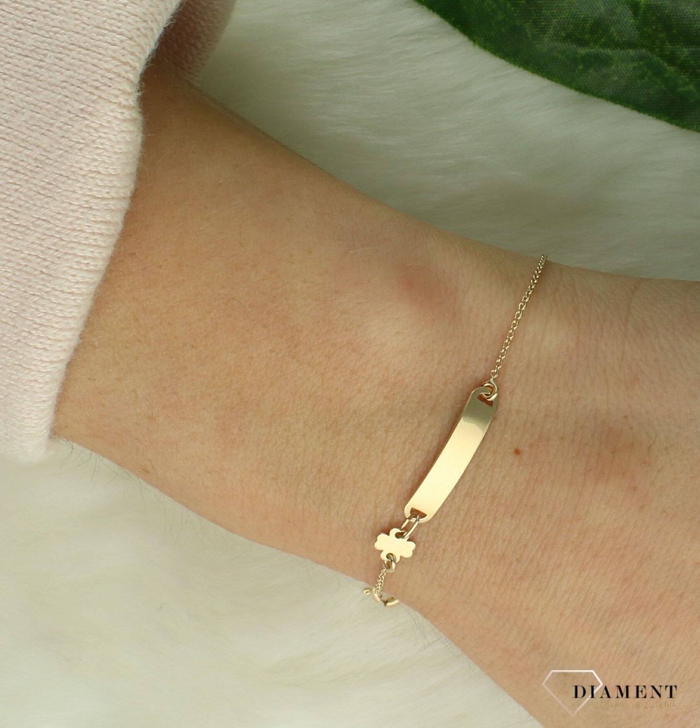 Bransoletka dziecięca złota 585 Blaszka i koniczynka DIA-BRA-11207-585.jpg