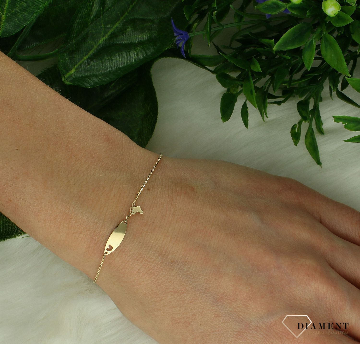 Bransoletka dziecięca złota 585 Blaszka i motylek DIA-BRA-11208-585.jpg