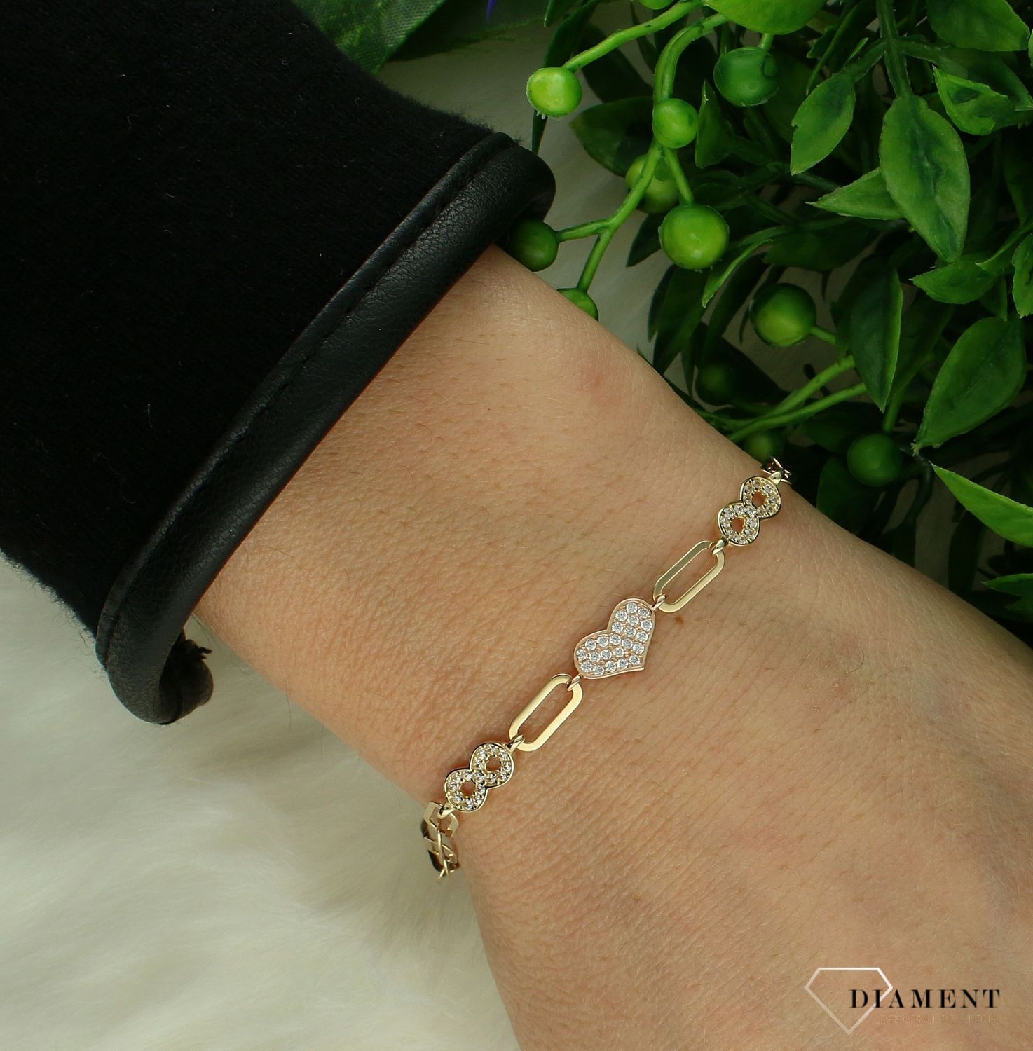 Bransoletka damska złota 585 Serce i dwie nieskończoności DIA-BRA-11215-585.webp