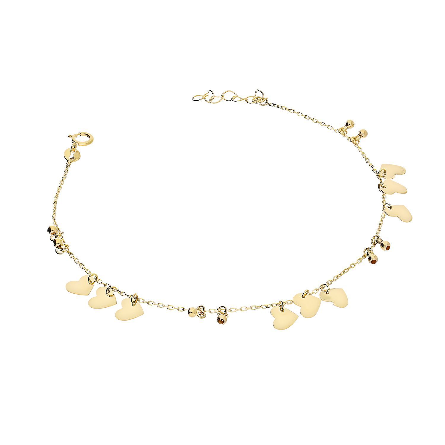 Bransoletka damska złota 585 Wiszące serca i kulki.jpg