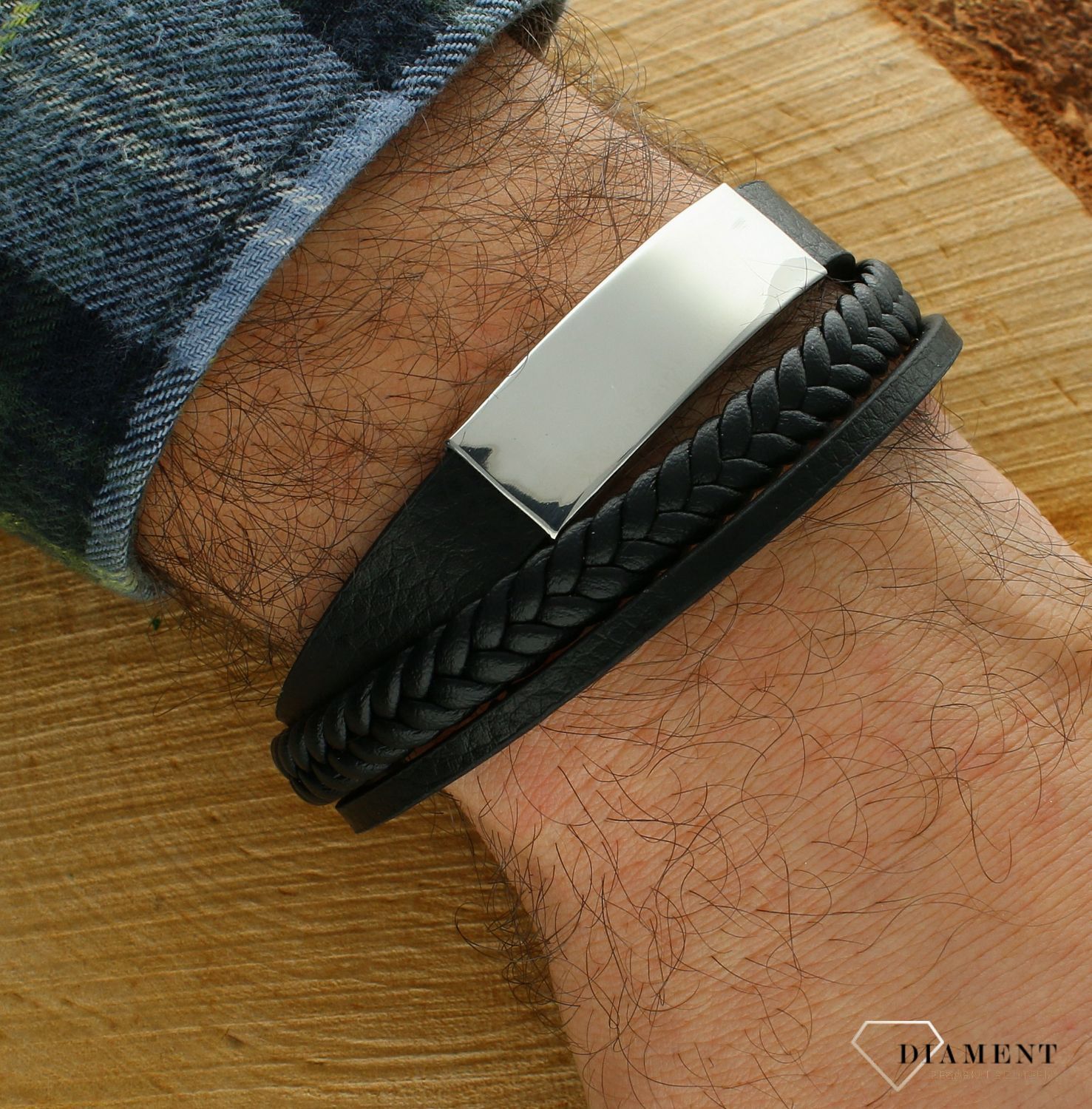 Bransoletka męska skórzana plecionka ze stalowymi elementami DIA-BRA-11274-STAL.jpg