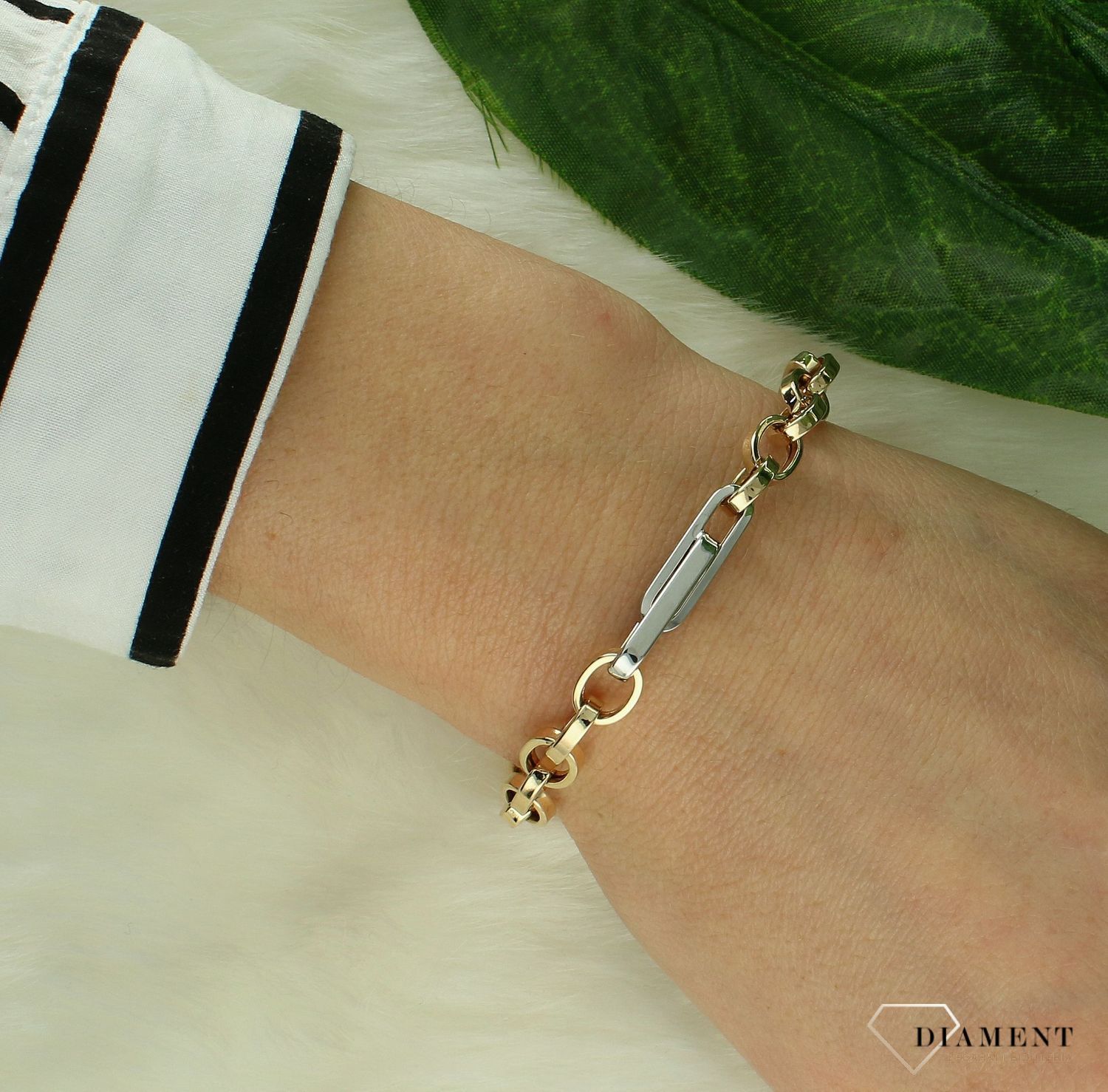 Złota damska bransoletka 585 plecione ogniwka z białym złotem DIA-BRA-11287-585. Złota bransoletka damska. Złota bransoletka z białym złotem. Bransoletka damska złota dla kobiety. Złota bransoletka na prezent (1).jpg