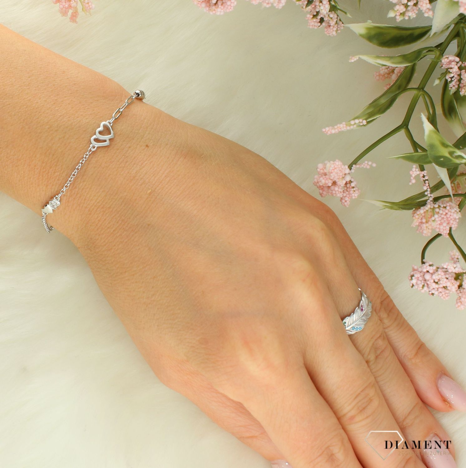 Srebrna bransoletka damska 925 celebrytka dwa sploty z serduszkami DIA-BRA-11638-925.  Srebrna bransoletka damska. Bransoletka srebrna z sercami. Bransoletka srebrna damska celebrytka. Srebrna bransoletka na prezent dla kobiety (1).jpg