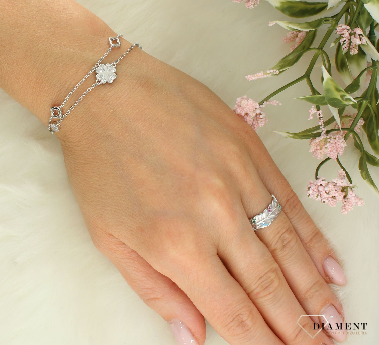Srebrna bransoletka damska 925 celebrytka z koniczynką DIA-BRA-11647-925.jpg