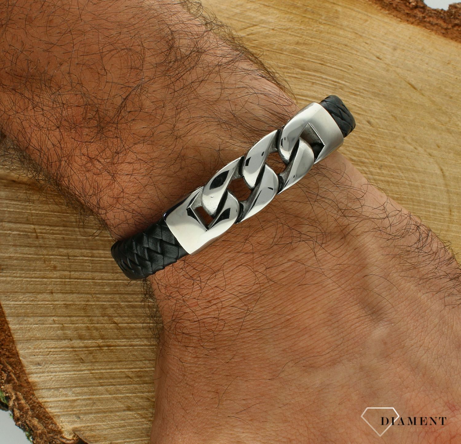 Bransoletka męska skórzana plecionka ze stalową pancerką DIA-BRA-11676-STAL (2).jpg