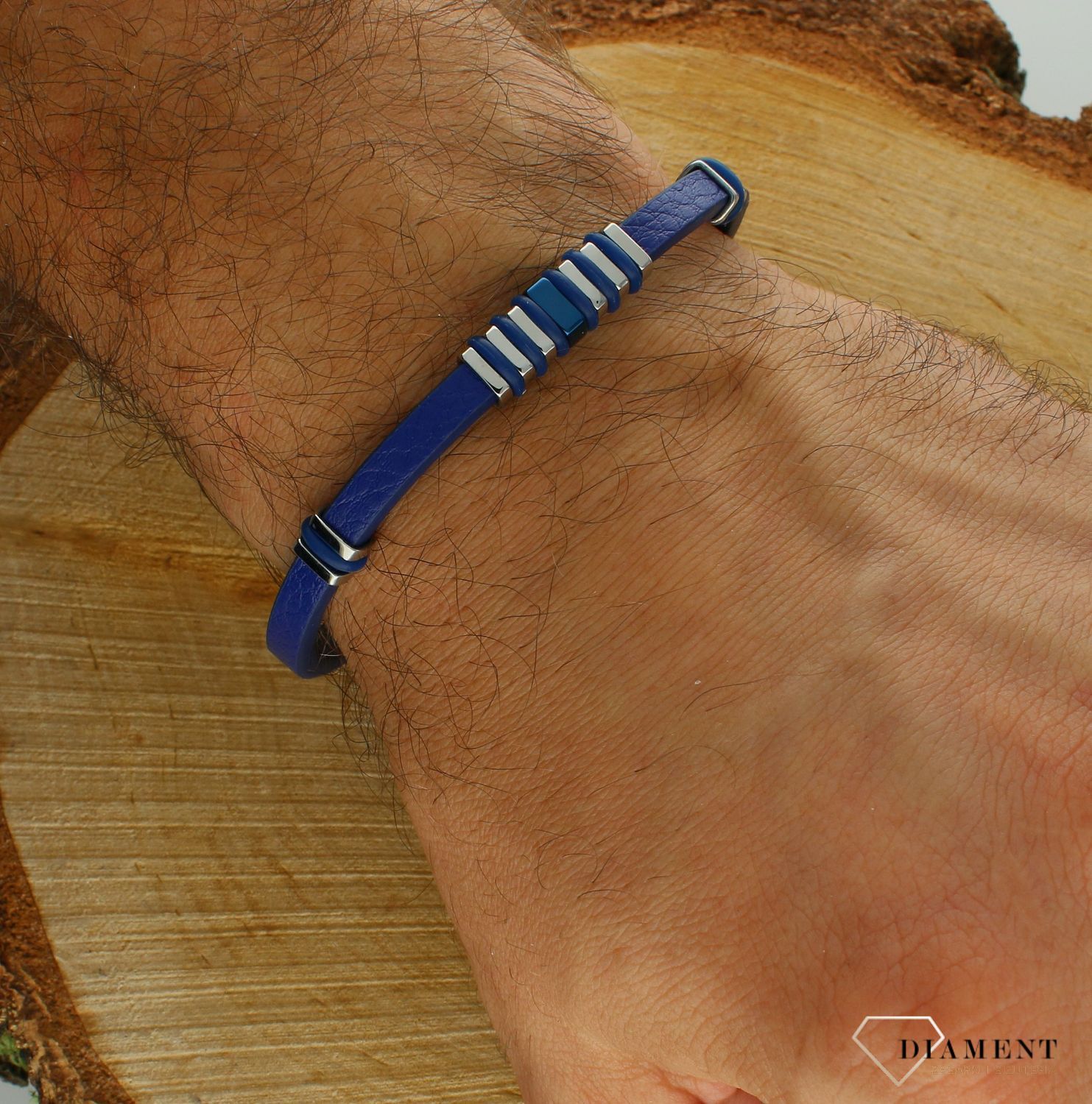 Bransoletka męska skórzana niebieska ze stalowymi elementami DIA-BRA-11682-STAL (2).jpg