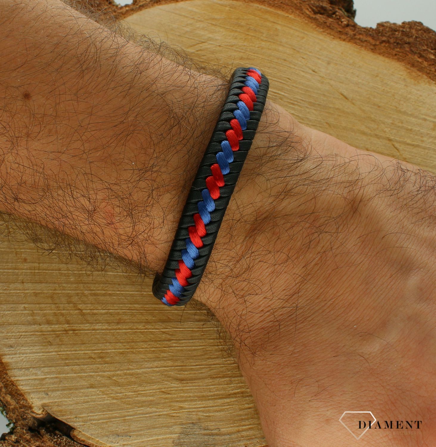 Bransoletka męska skórzana plecionka z czerwoną i niebieską nitką DIA-BRA-11683-STAL (2).jpg