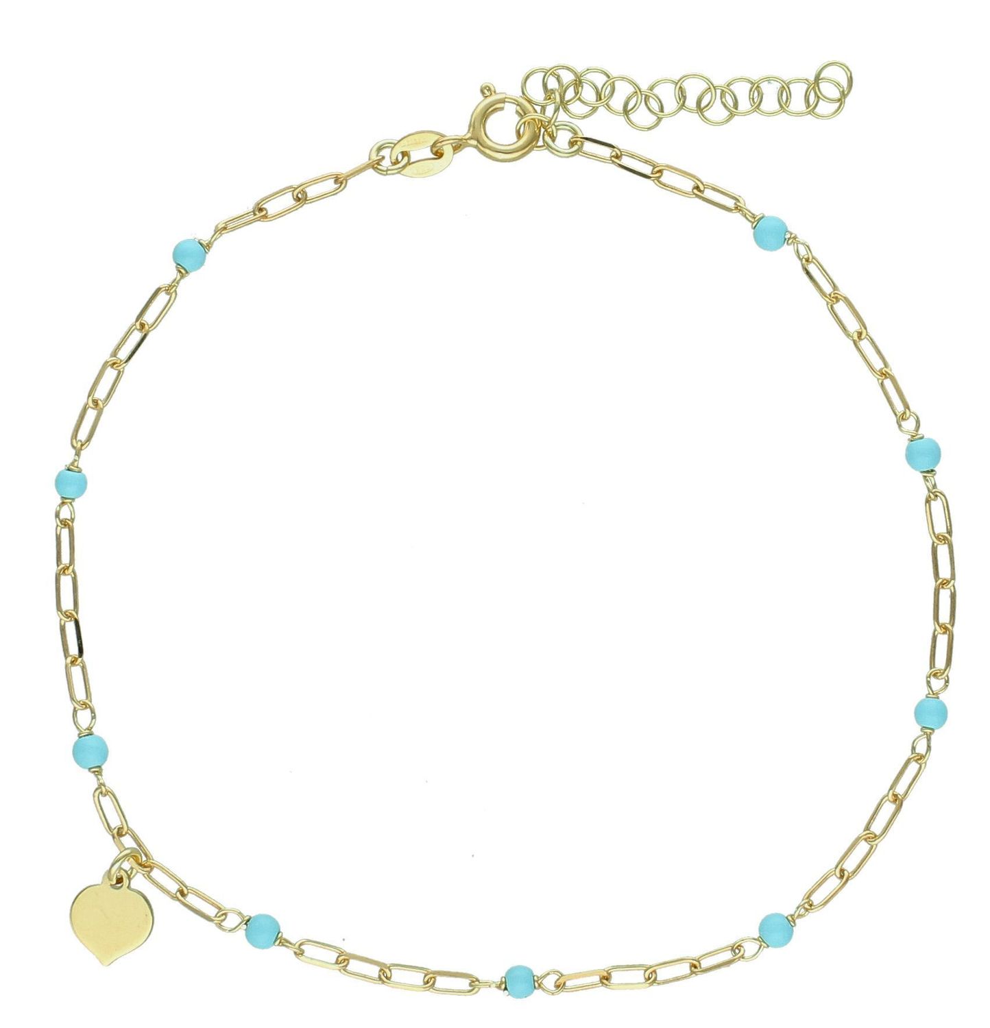 Srebrna bransoletka damska 925 na nogę pozłacana z serduszkami i turkusowymi koralikami DIA-BRA-1173 (2).jpg