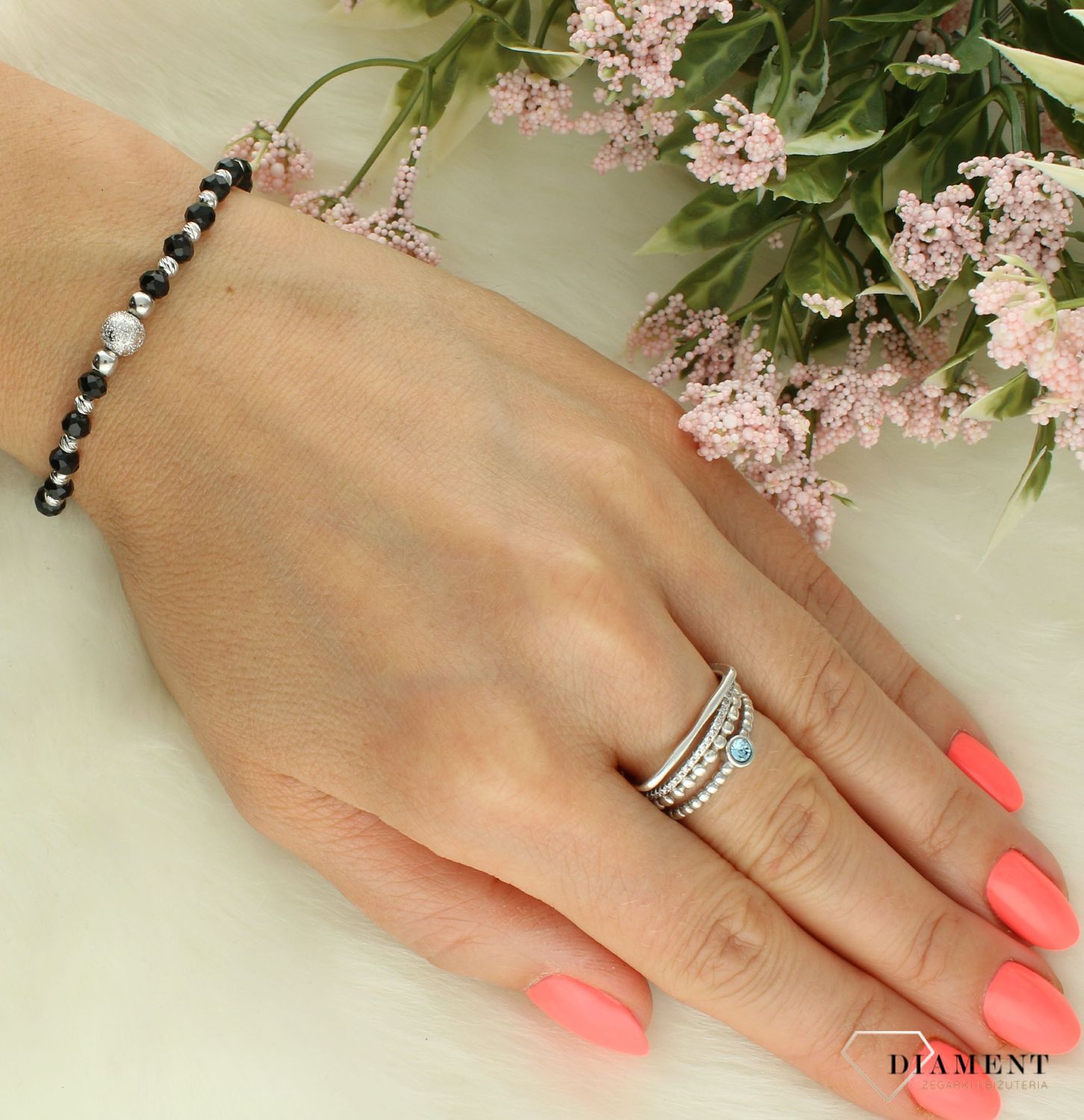 Srebrna bransoletka damska 925 srebrno-czarne kuleczki DIA-BRA-11750-925 (2).jpg