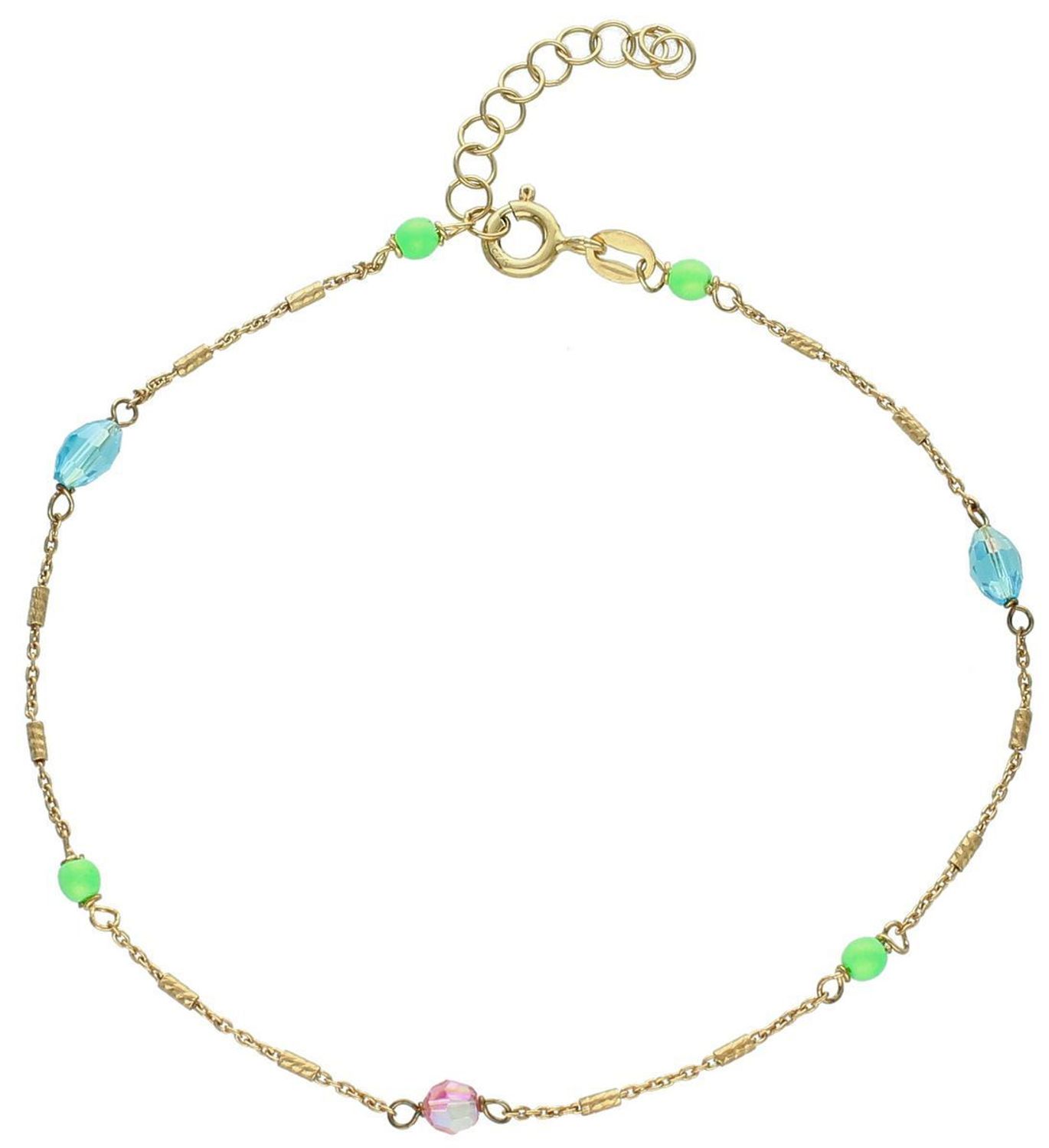 Srebrna bransoletka damska 925 na nogę pozłacana z kolorowymi koralikami.jpg