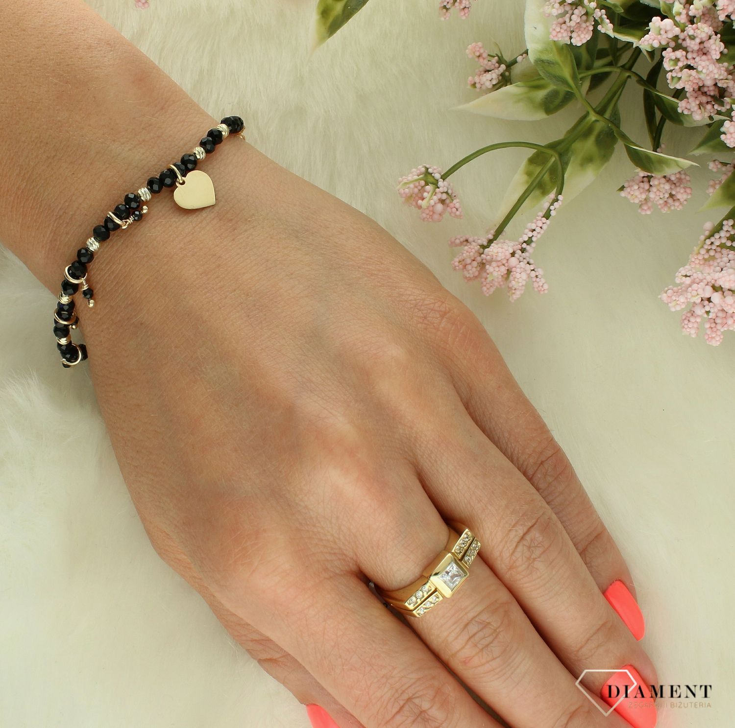 Srebrna bransoletka damska 925 czarno-złote kuleczki z serduszkami DIA-BRA-11755-925 (2).jpg