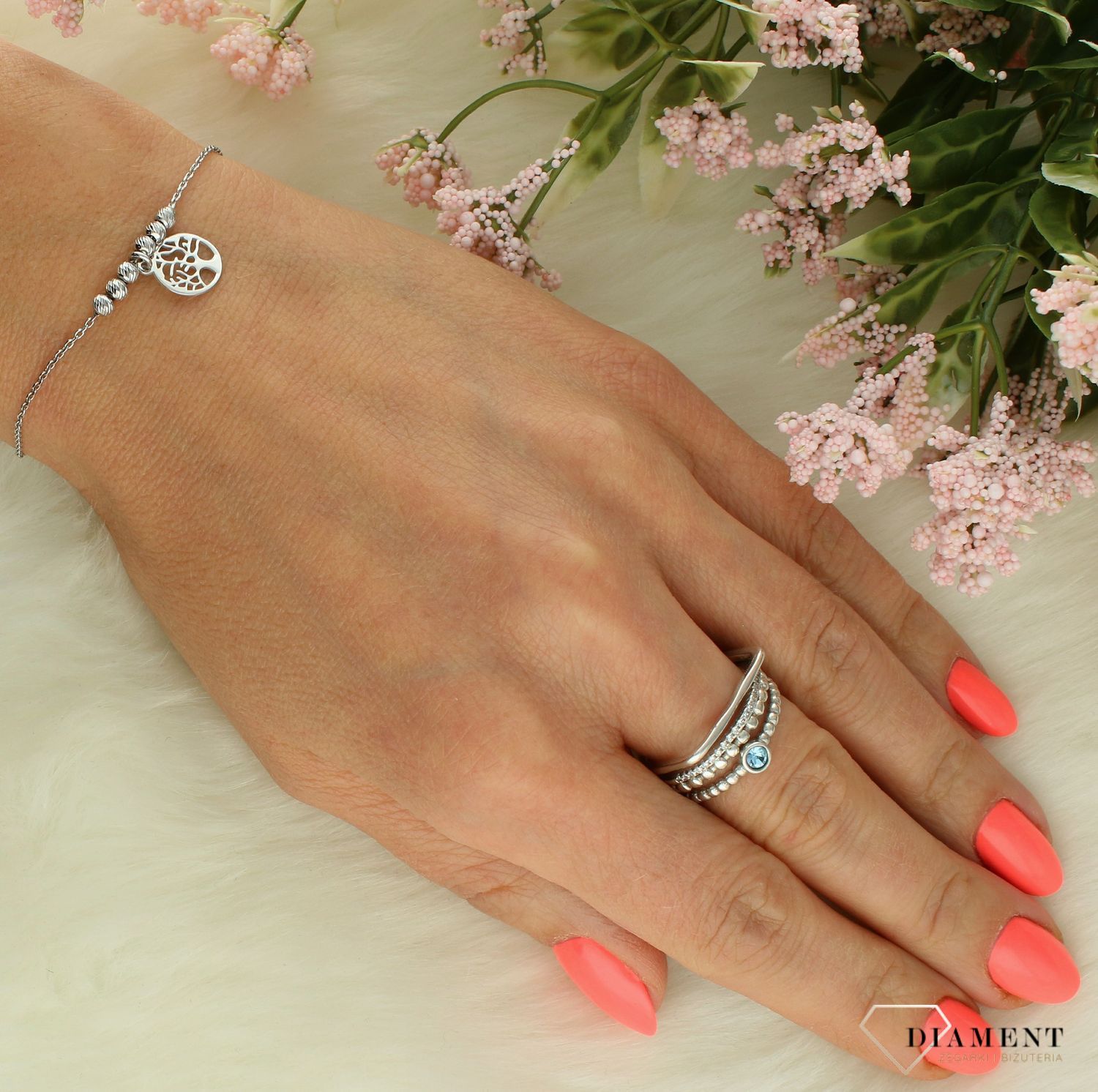 Srebrna bransoletka damska 925 celebrytka drzewko szczęścia z kuleczkami DIA-BRA-11791-925 (2).jpg
