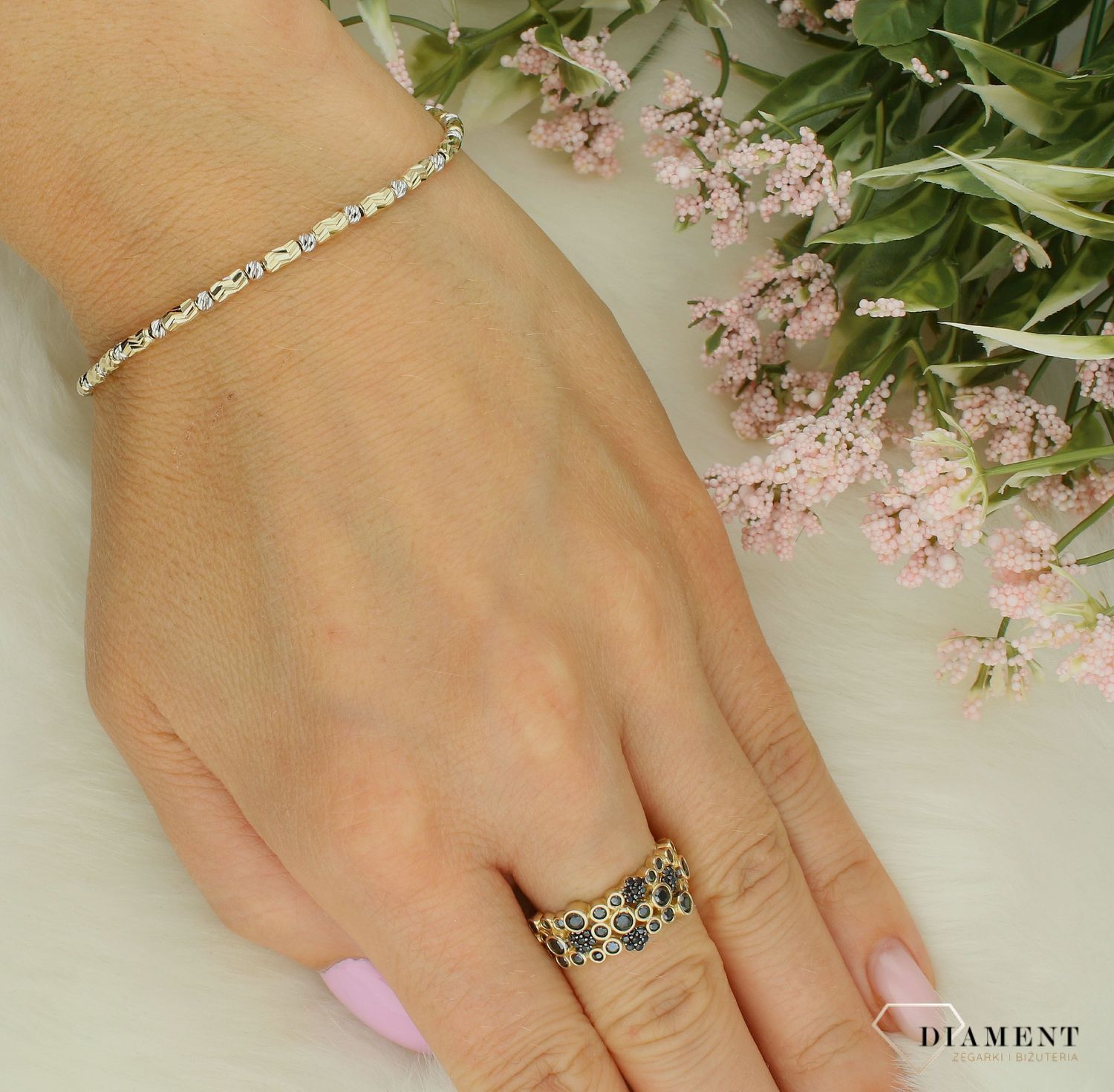 Złota bransoletka damska 585 grawerowana z białym złotem DIA-BRA-11951-585. Złota bransoletka damska. Złota bransoletka próby 585. Bransoletka damska ze złota. Bransoletka złota na prezent (2).jpg