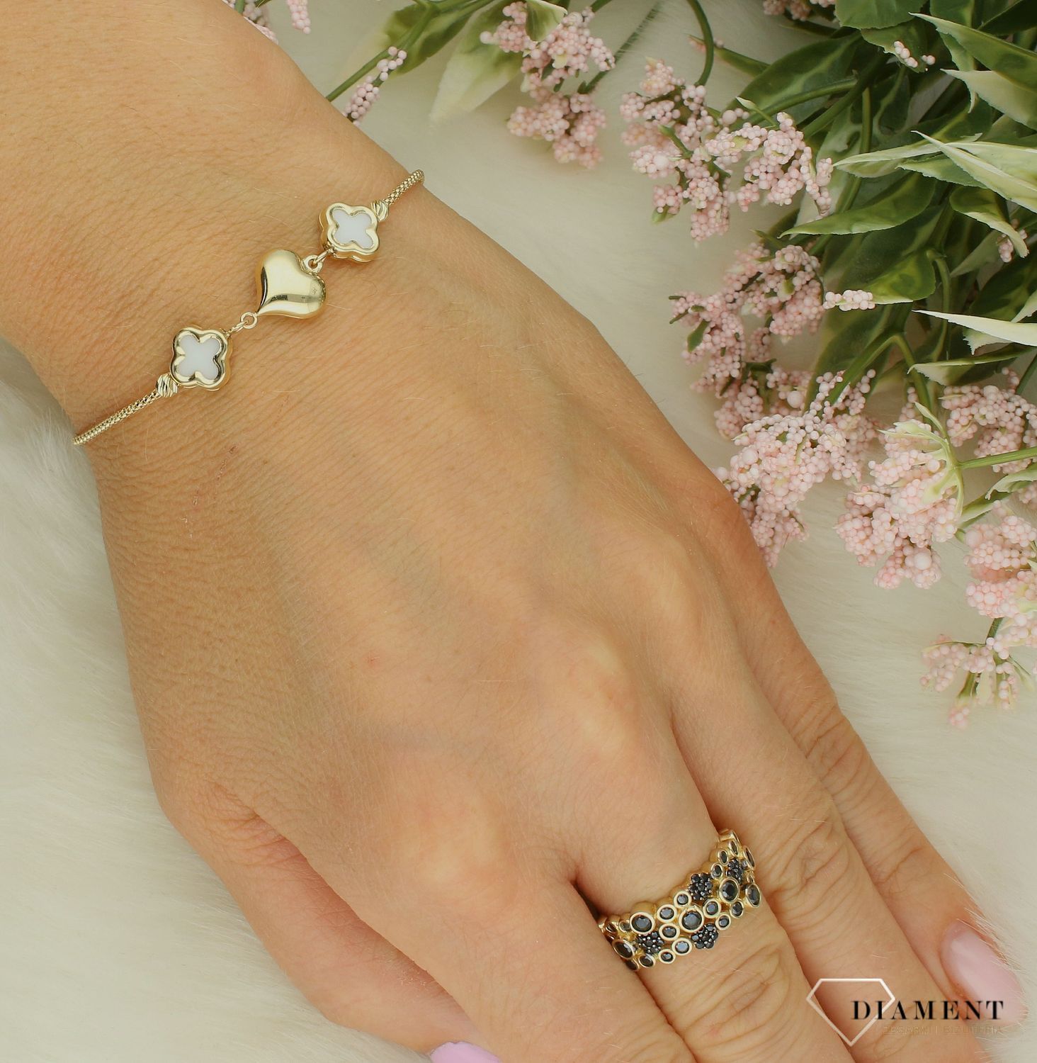 Złota bransoletka damska 585 ozdobna ze serduszkiem i koniczynką DIA-BRA-11993-585 (2).jpg