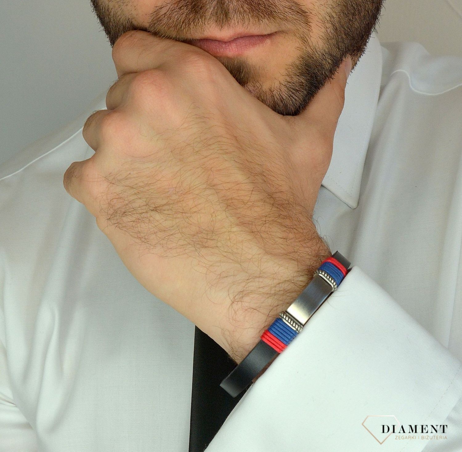 Bransoletka męska skórzana z blaszką i rzemykiem czerwonym i niebieskim DIA-BRA-11995-STAL.jpg