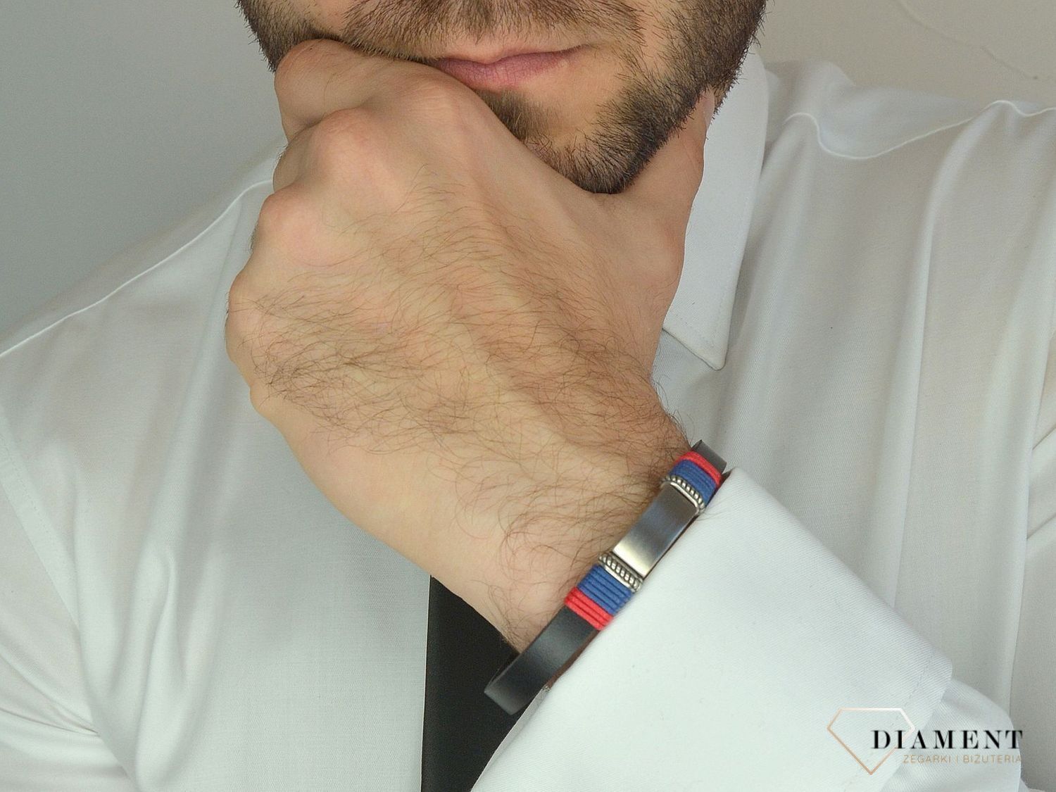 Bransoletka męska skórzana z blaszką i rzemykiem czerwonym i niebieskim DIA-BRA-11995-STAL.jpg