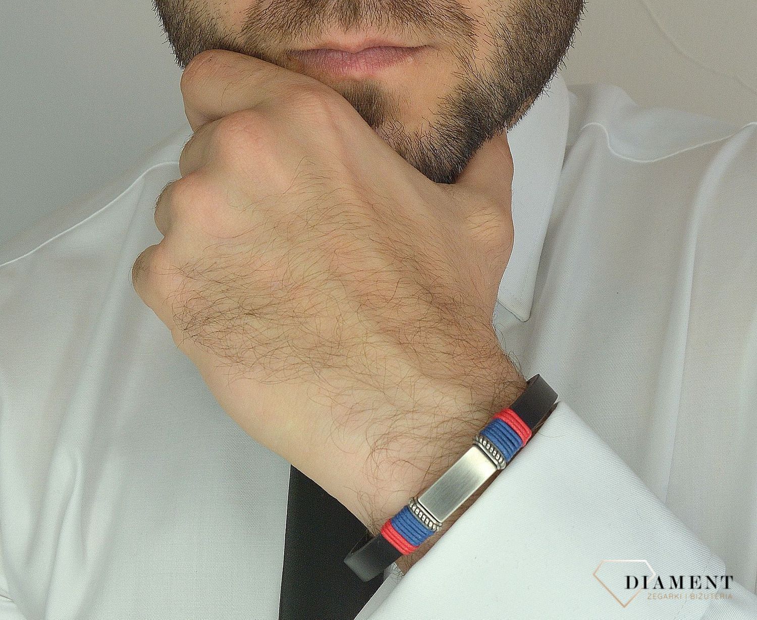Bransoletka męska skórzana z blaszką i rzemykiem czerwonym i niebieskim DIA-BRA-11995-STAL.jpg