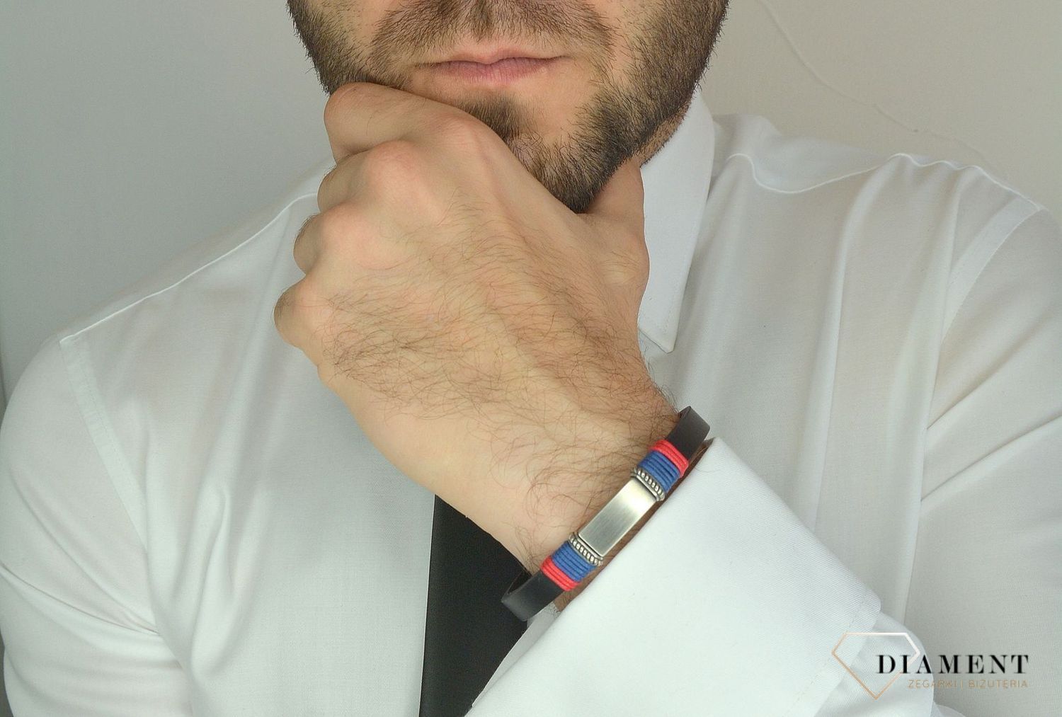 Bransoletka męska skórzana z blaszką i rzemykiem czerwonym i niebieskim DIA-BRA-11995-STAL.jpg