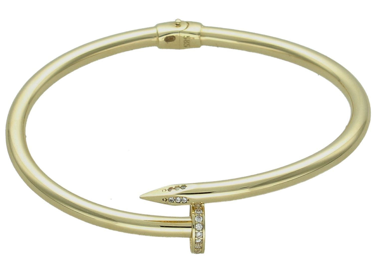 Bransoletka złota próba 585, DIA-BRA-12183-585 gwóźdź Złota bransoletka wykonana z 14 karatowego żółtego złota. Bransoletka to idealny pomysł na prezent. Złota bransoletka sztywna w formie gwoździa ozdobionego z cyrkoniami..jpg