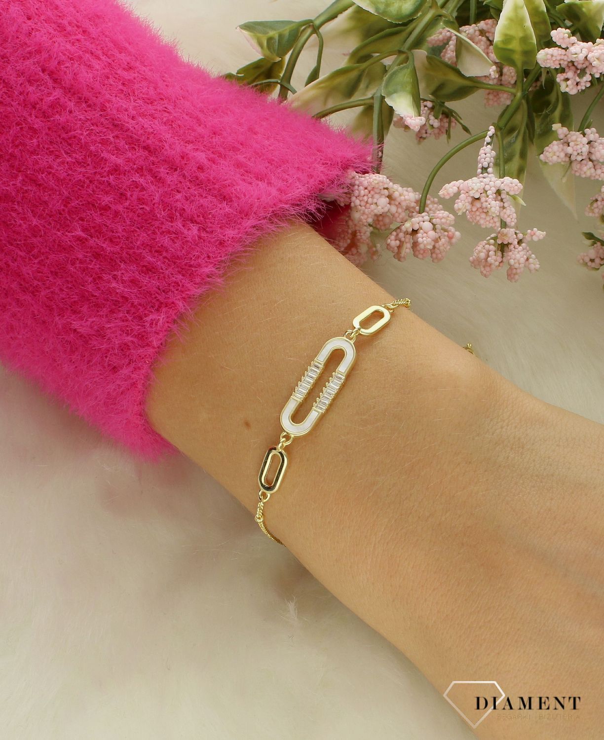 Srebrna bransoletka damska 925 celebrytka pokryta złotem z masą perłową DIA-BRA-12232-925.jpg