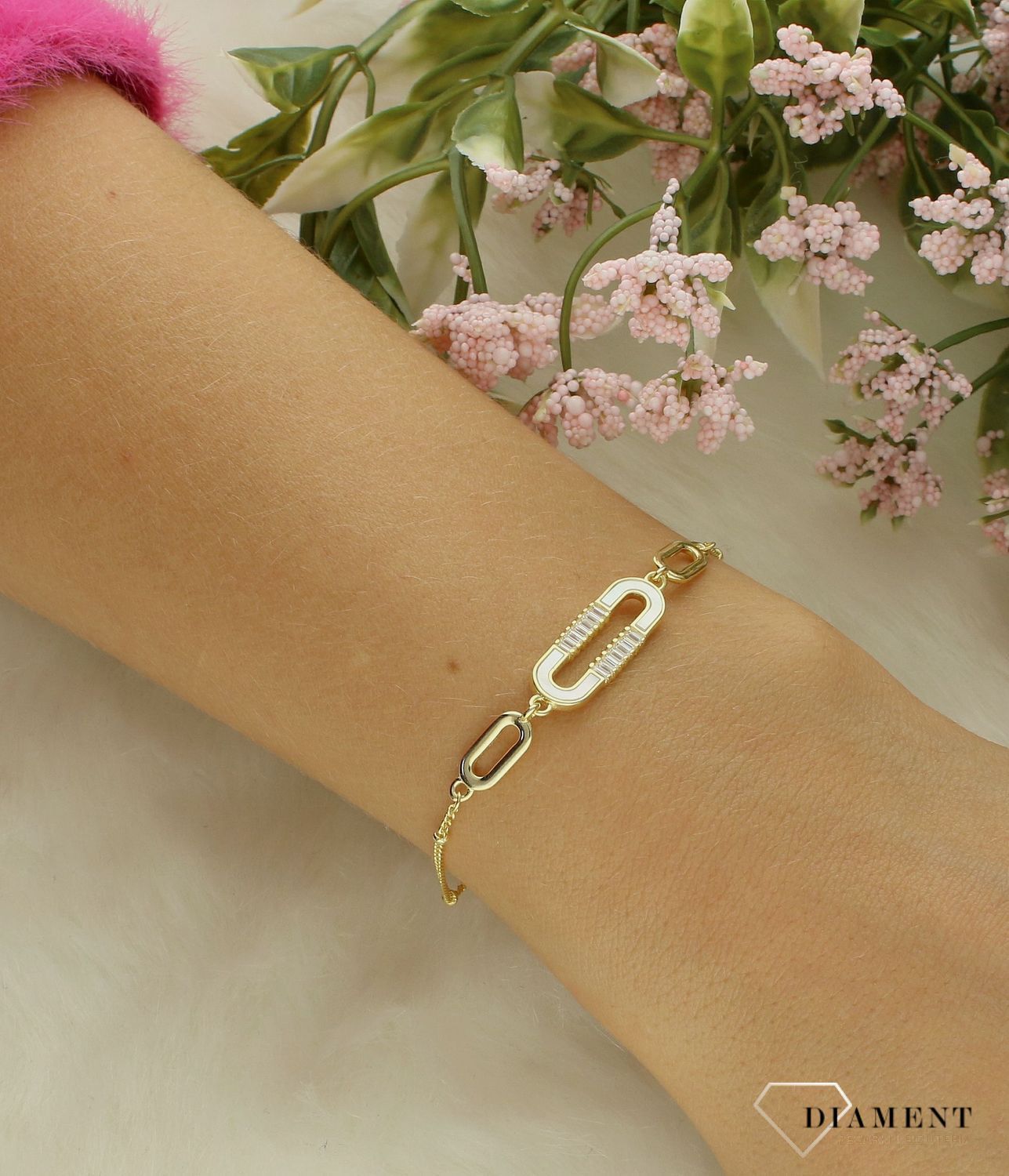 Srebrna bransoletka damska 925 celebrytka pokryta złotem z masą perłową DIA-BRA-12232-925.jpg