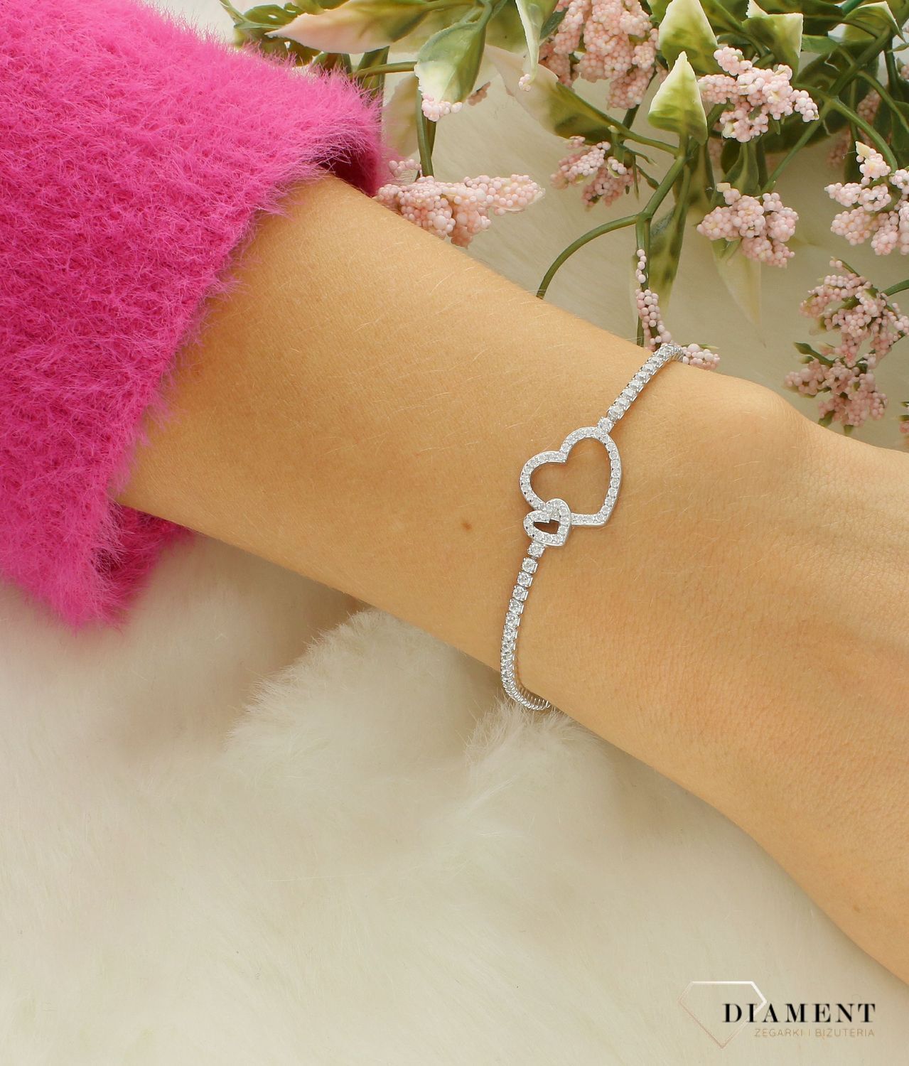 Srebrna bransoletka damska 925 z sercem i cyrkoniami DIA-BRA-12234-925.jpg