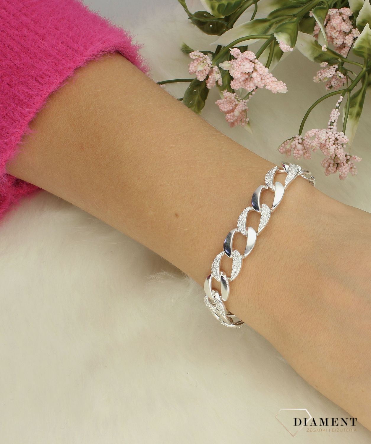 Srebrna bransoletka damska 925 pancerka zdobiona cyrkoniami DIA-BRA-12237-925.jpg