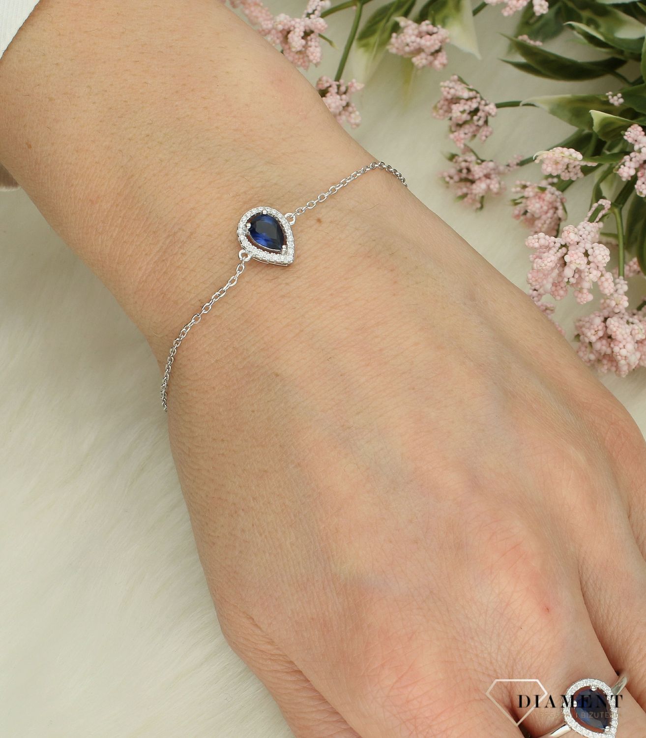 Srebrna bransoletka damska 925 celebrytka łezka z niebieską cyrkonią DIA-BRA-12251-925.jpg