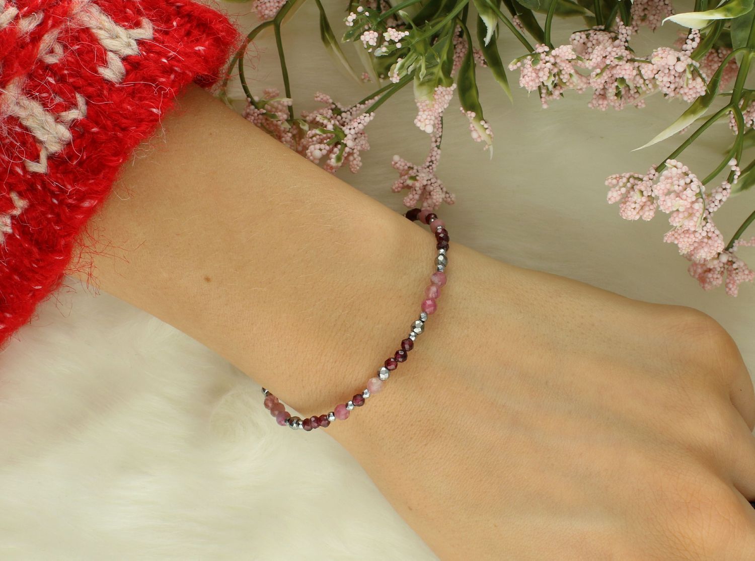 Bransoletka szczęścia znak zodiaku Baran hematyt, granat, turmalin różowy DIA-BRA-12304-925. Srebrna bransoletka damska. Bransoletka szczęścia zodiakalna. 1.jpg