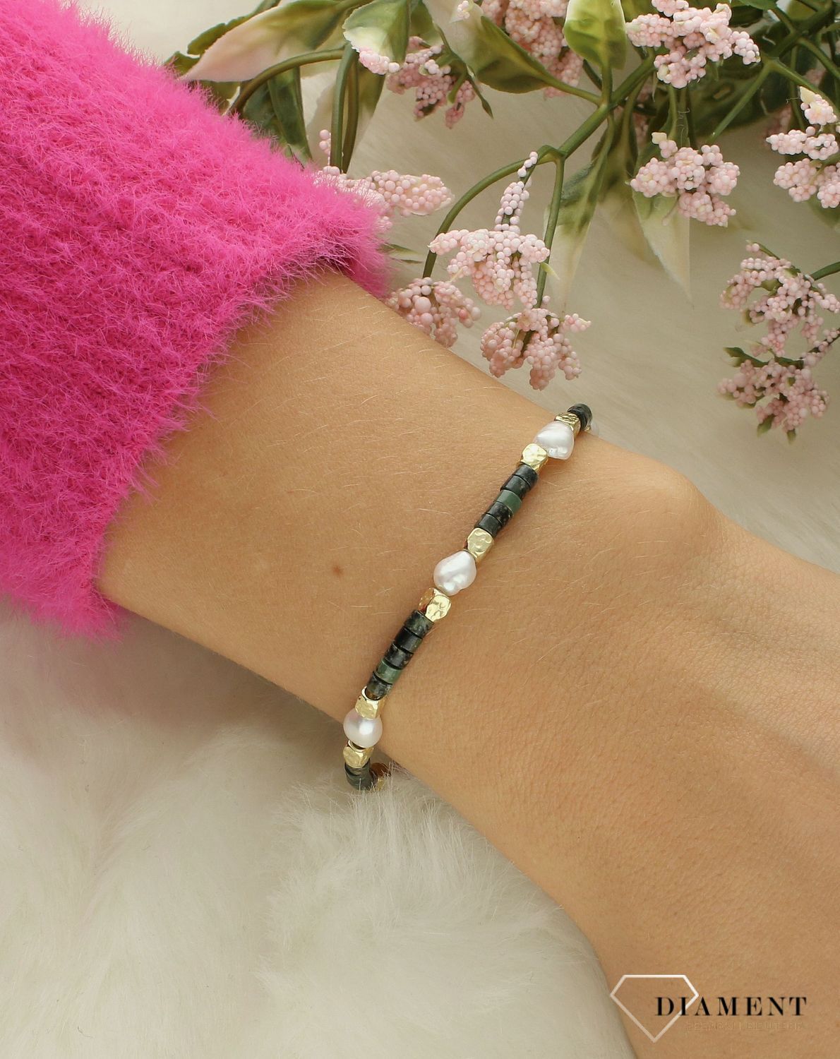 Srebrna bransoletka damska 925 złote kulki z perłami DIA-BRA-12344-925.jpg