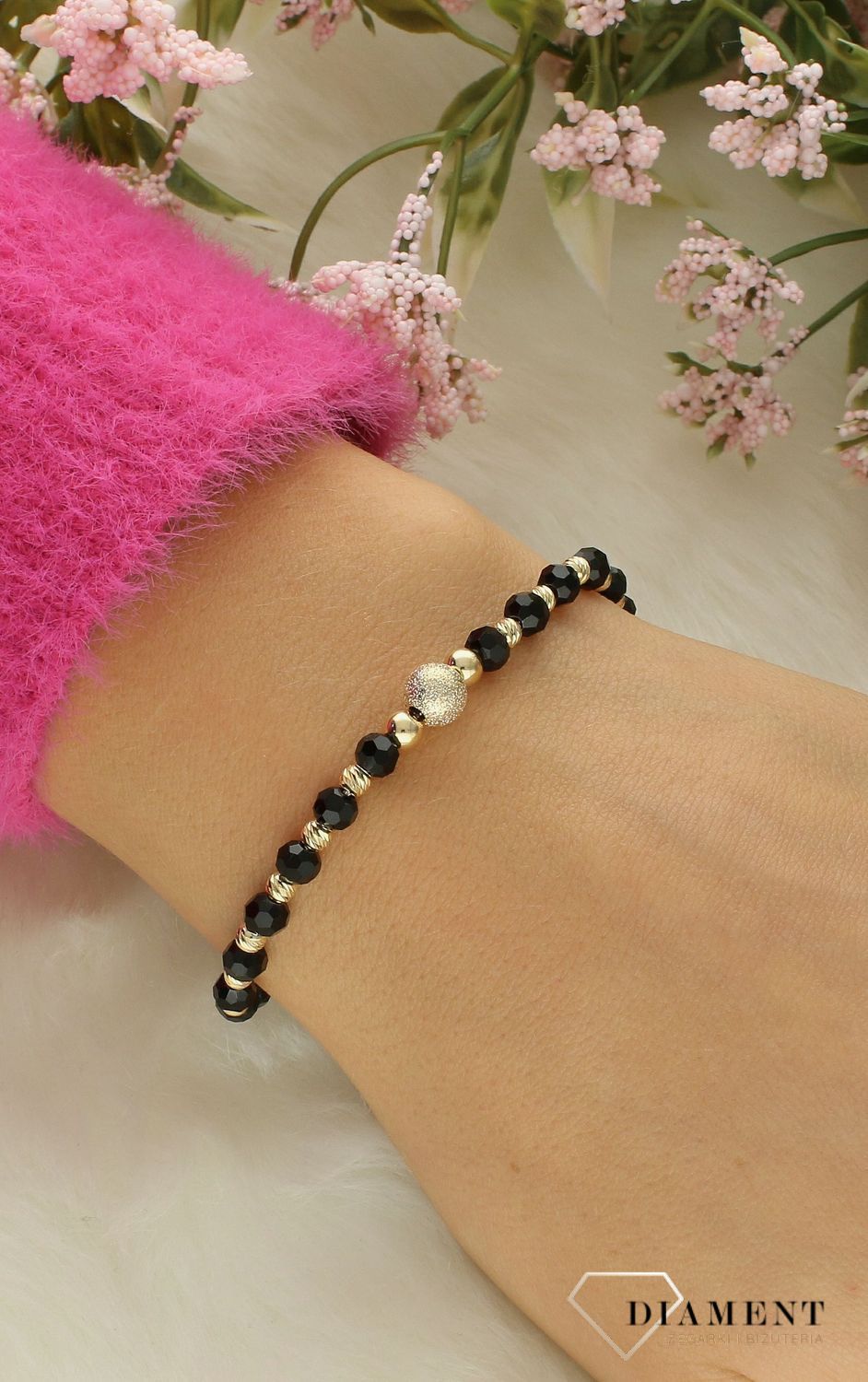 Srebrna bransoletka damska 925 czarno-złote kulki DIA-BRA-12345-925. Srebrna bransoletka damska. Bransoletka srebrna złoto-czarne kulki. Srebrna bransoletka z kuleczek. Bransoletka pokryta złotem na prezent..jpg