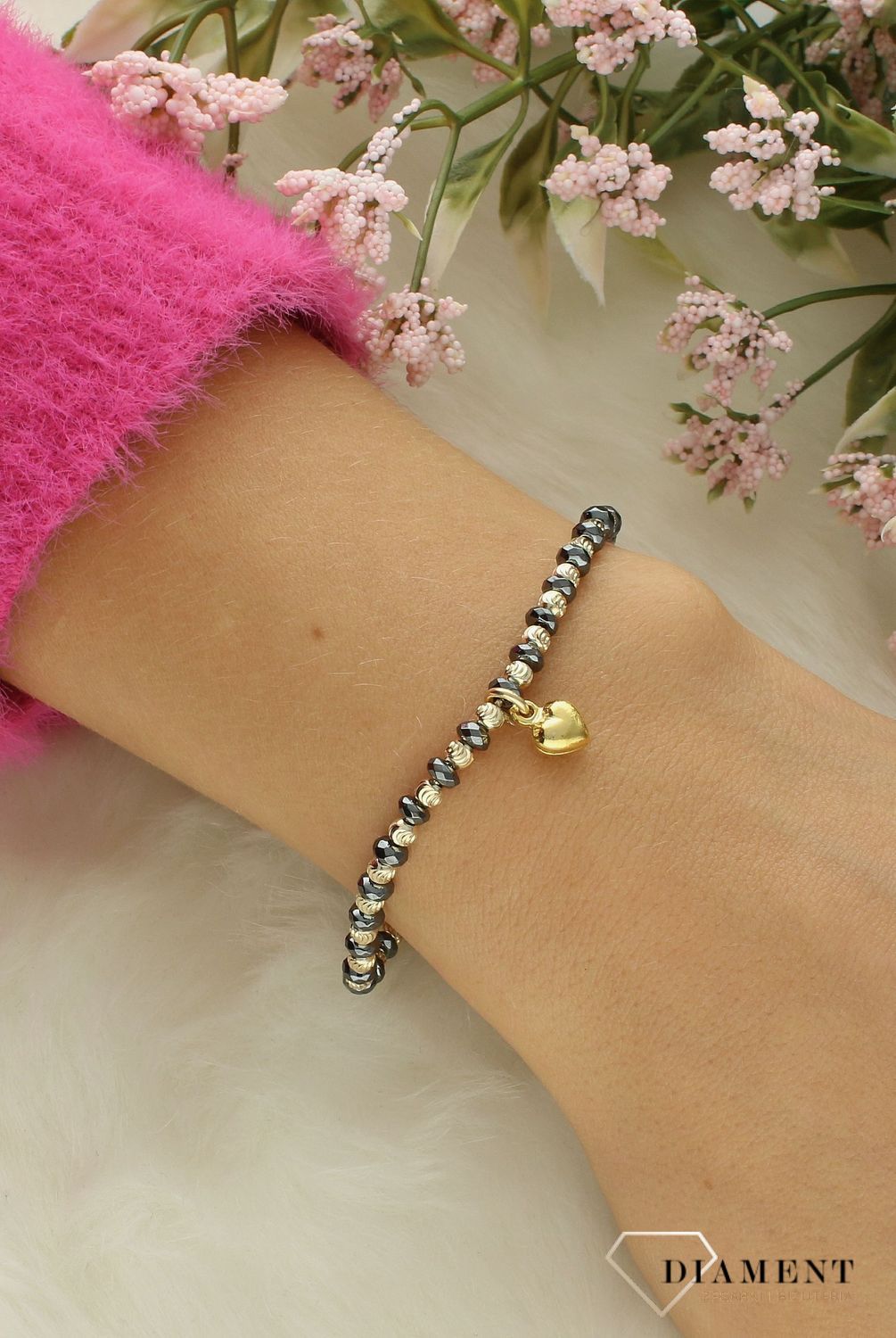 Srebrna bransoletka damska 925 grafitowo-złote kulki DIA-BRA-12346-925.jpg