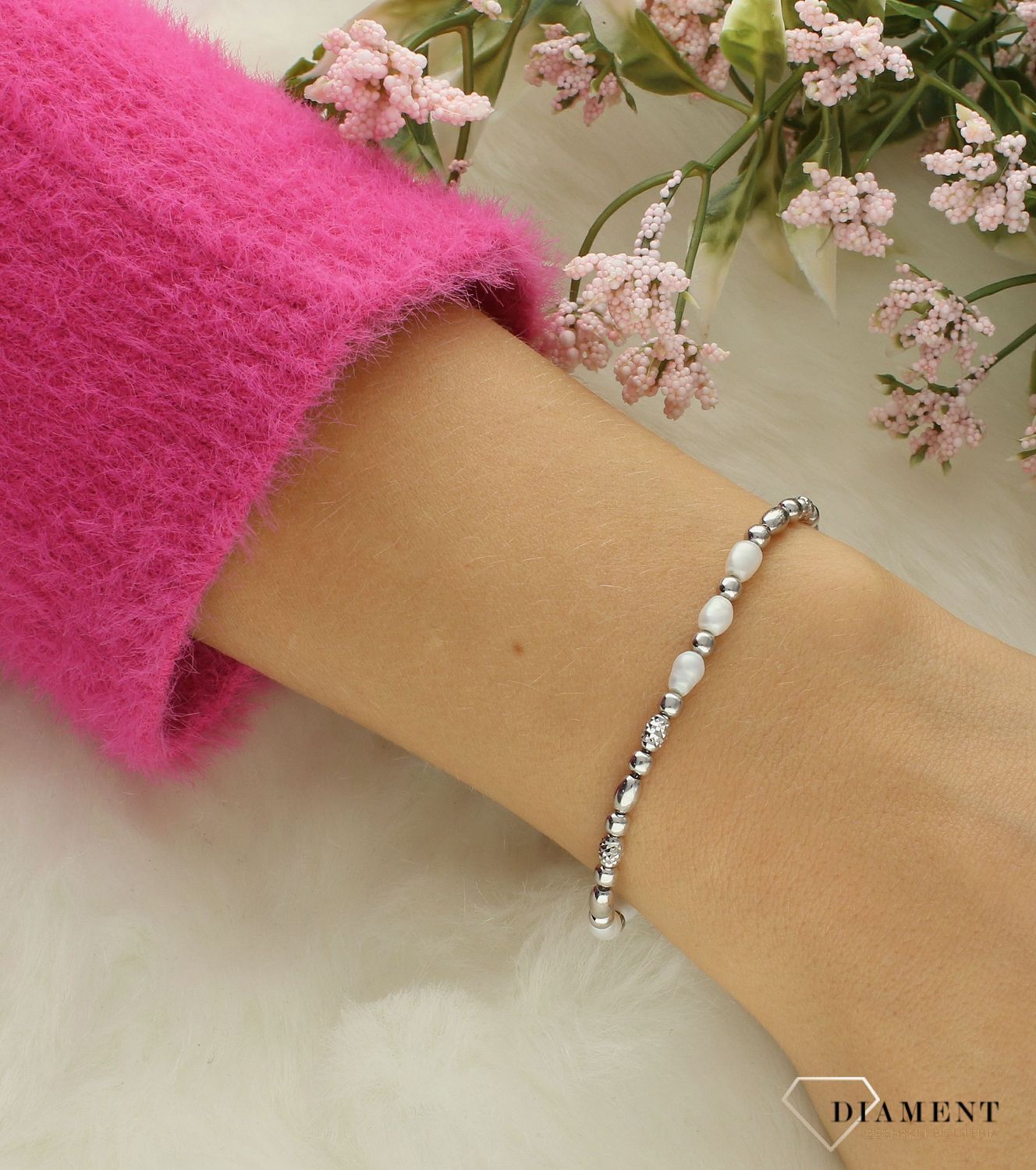 Srebrna bransoletka damska 925 srebrne kulki z perłami DIA-BRA-12347-925. Srebrna bransoletka damska. Bransoletka srebrna z perłami. Srebrna bransoletka z kuleczek. Bransoletka na prezent..jpg