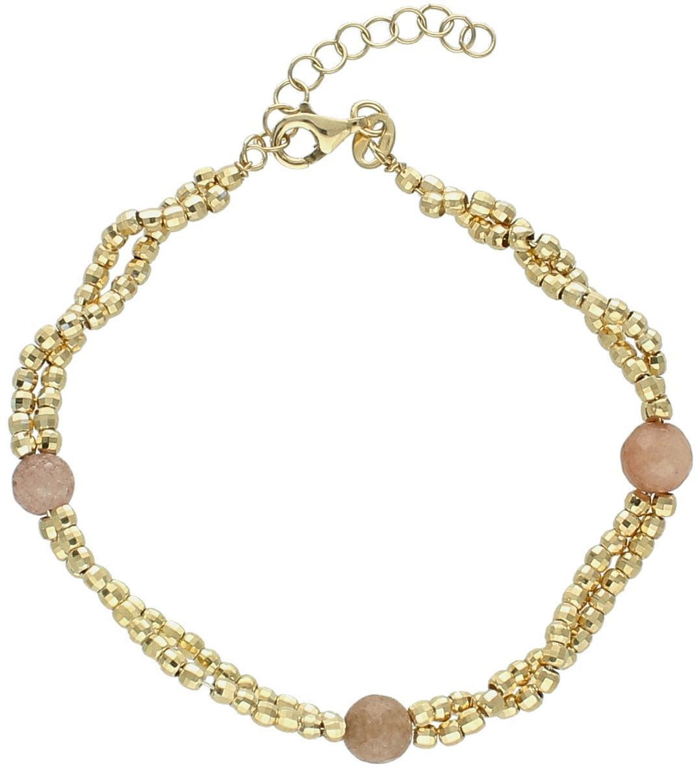 Pozłacana srebrna bransoletka damska z podwójnym łańcuszkiem i łososiowymi kuleczkami – srebro 925, regulacja.jpg