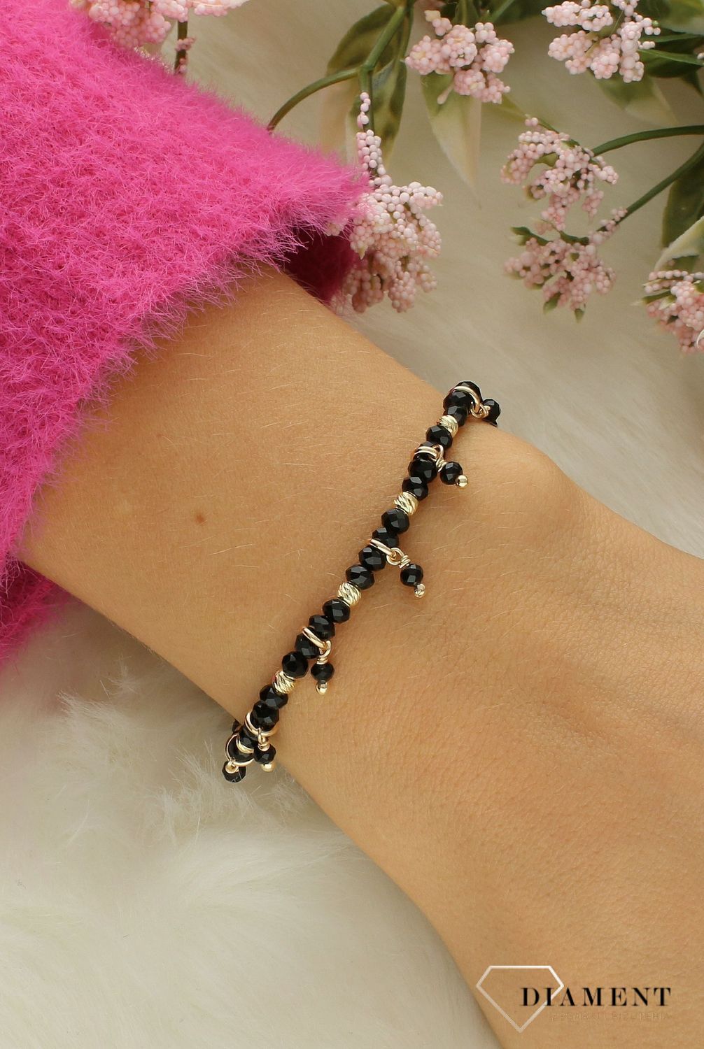 Srebrna bransoletka damska 925 czarno-złote kulki DIA-BRA-12354-925. Srebrna bransoletka damska. Bransoletka srebrna złoto-czarne kulki. Srebrna bransoletka z kuleczek. Bransoletka pokryta złotem na prezent..jpg