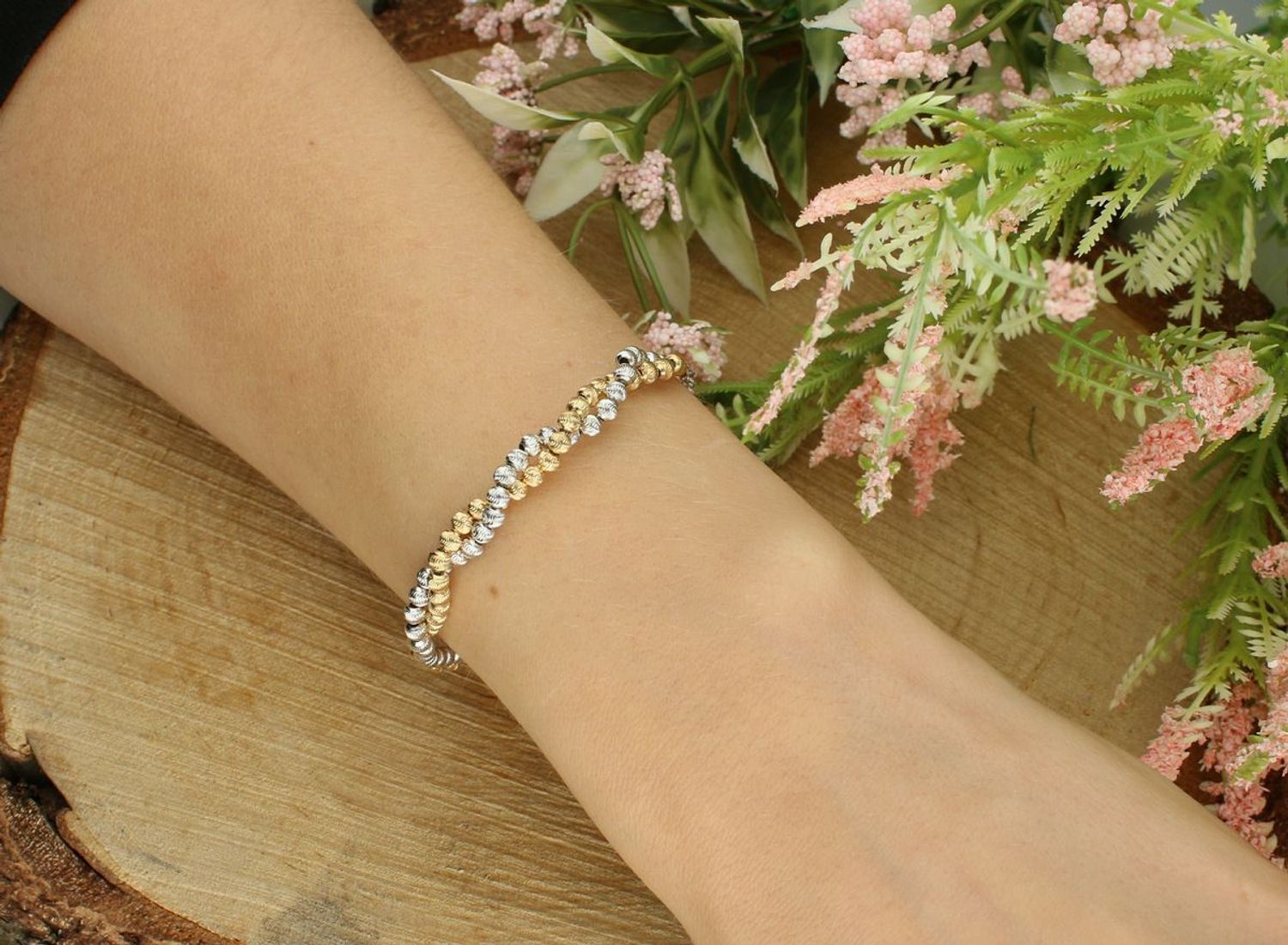 Pozłacana srebrna bransoletka damska z podwójnym łańcuszkiem i kuleczkami – srebro 925, 17–20 cm.jpg