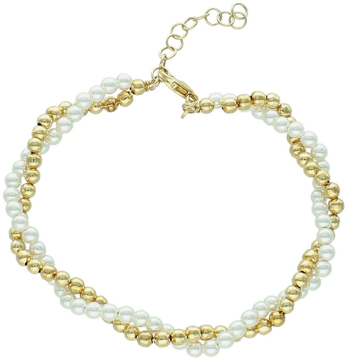 Pozłacana srebrna bransoletka damska z perełkami i złotymi kuleczkami – podwójny łańcuszek, srebro 925.jpg