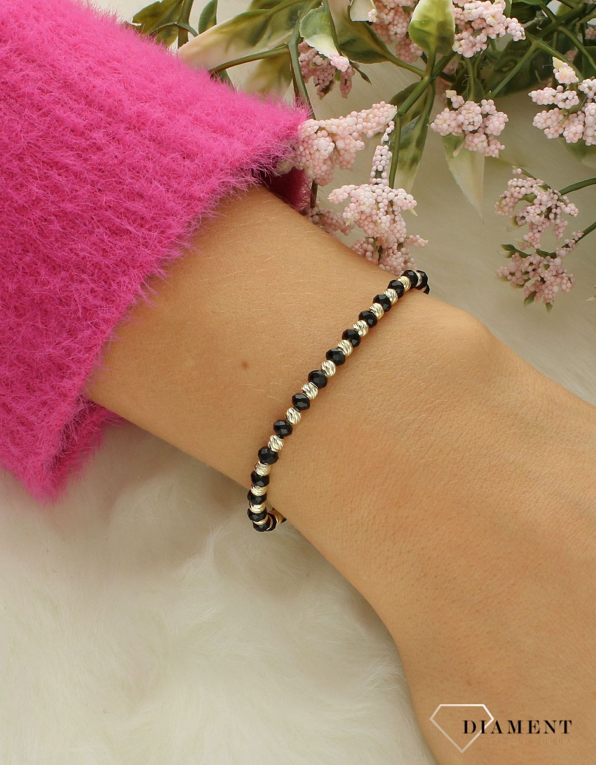 Srebrna bransoletka damska 925 czarno-złote kulki DIA-BRA-12367-925.jpg
