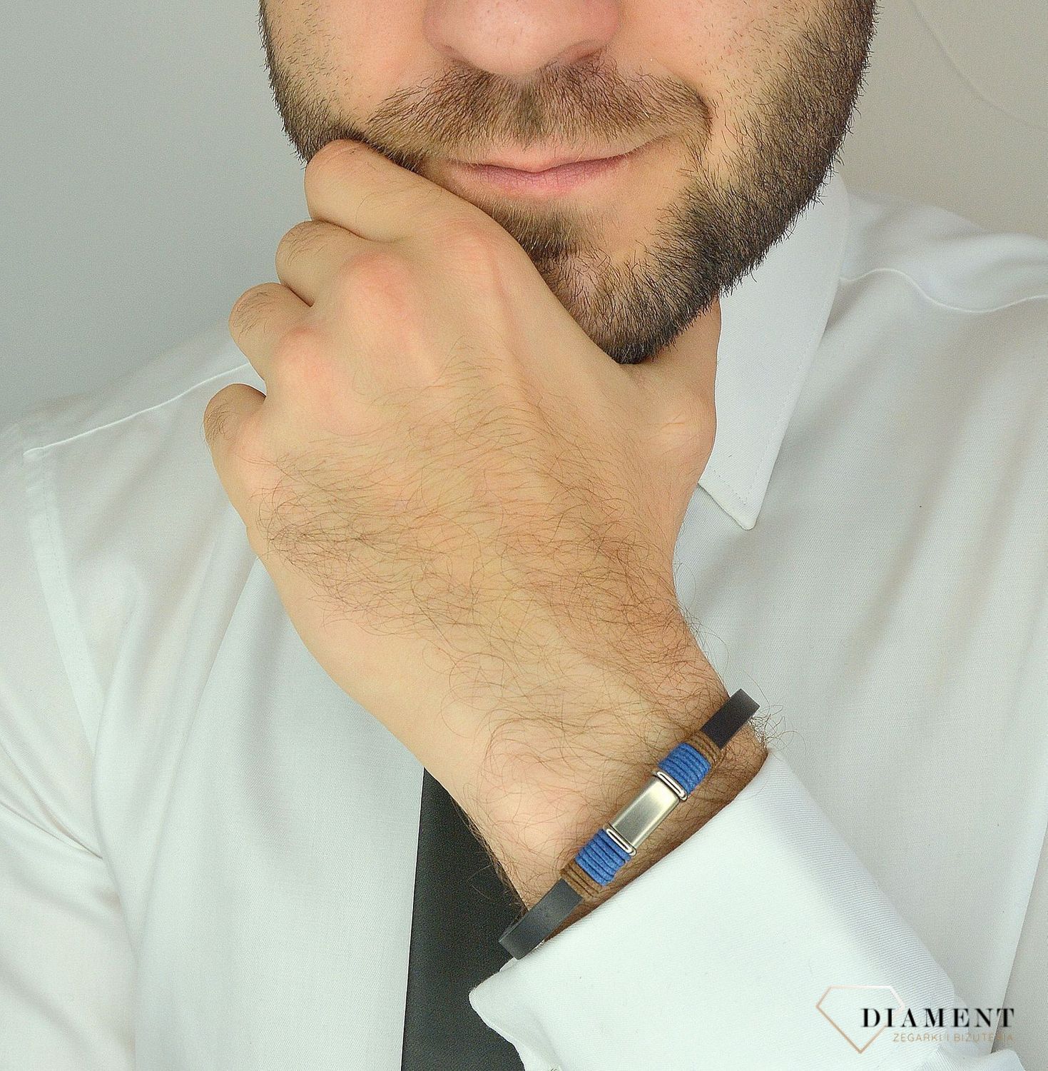 Bransoletka męska skóra z rzemykiem w kolorze DIA-BRA-12479-STAL.jpg