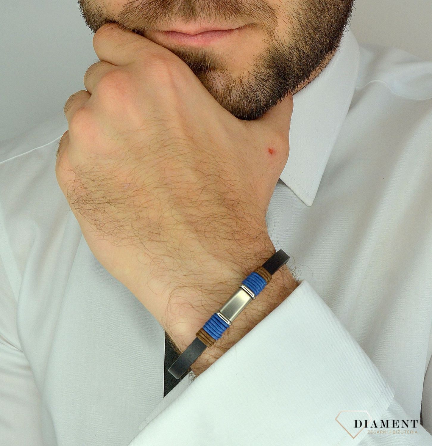Bransoletka męska skóra z rzemykiem w kolorze DIA-BRA-12479-STAL.jpg